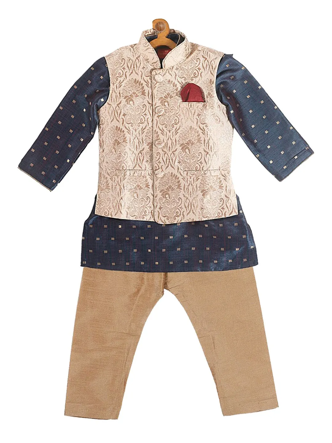 Jashvi Boy's Blue Printed Kurta with Rose Gold Pyjamas & Nehru Jacket