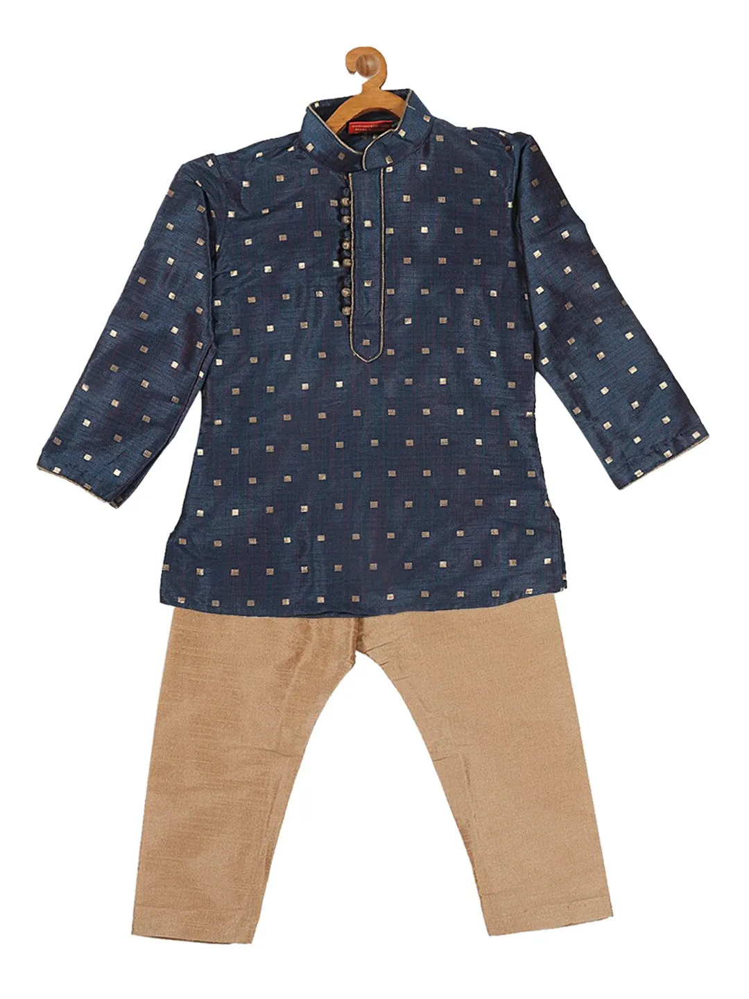 Jashvi Boy's Blue Printed Kurta with Rose Gold Pyjamas & Nehru Jacket