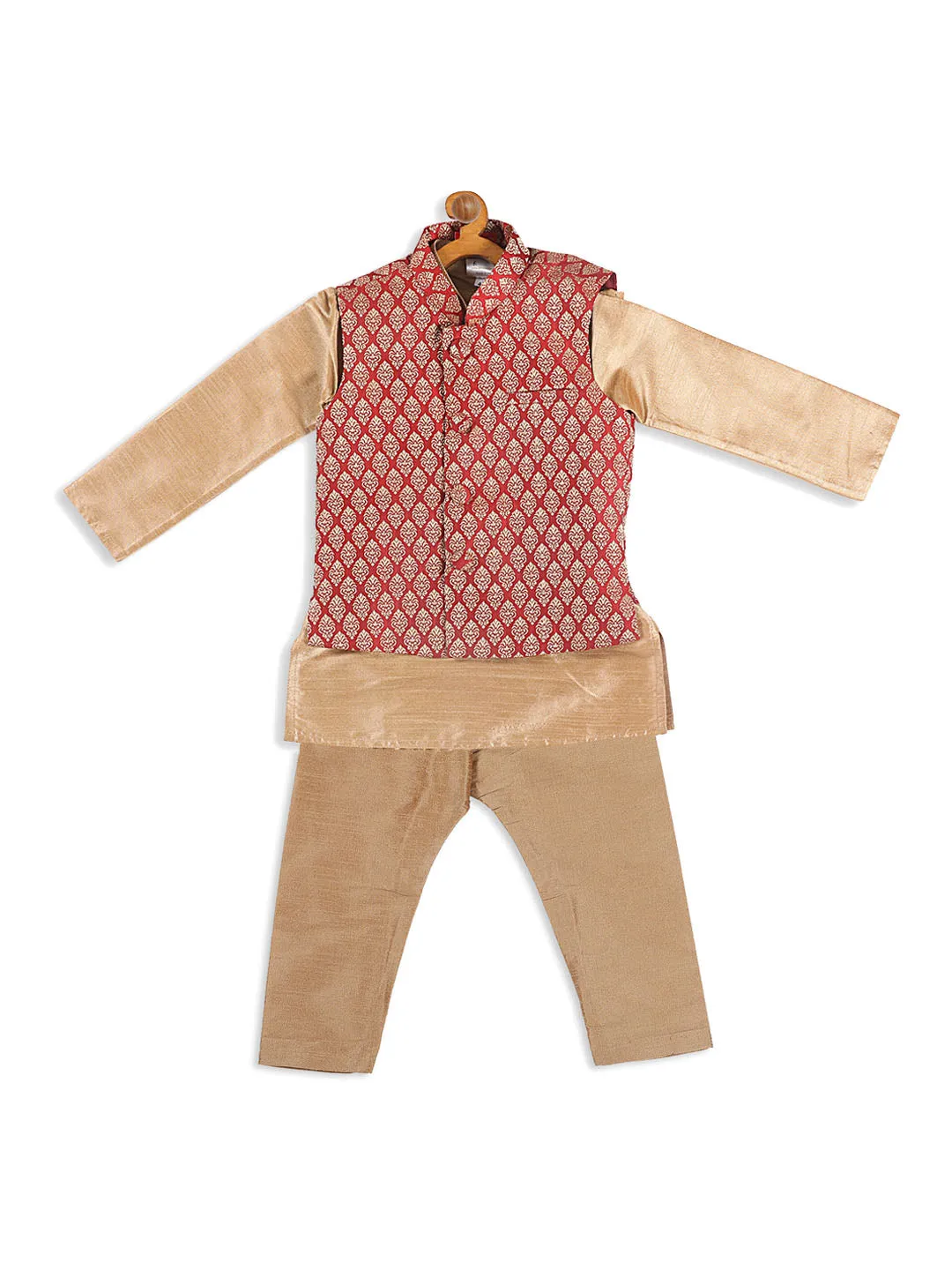 Jashvi SISHU Boy's Maroon Jacket And Rose Gold Ethnic Kurta With Pyjama Set