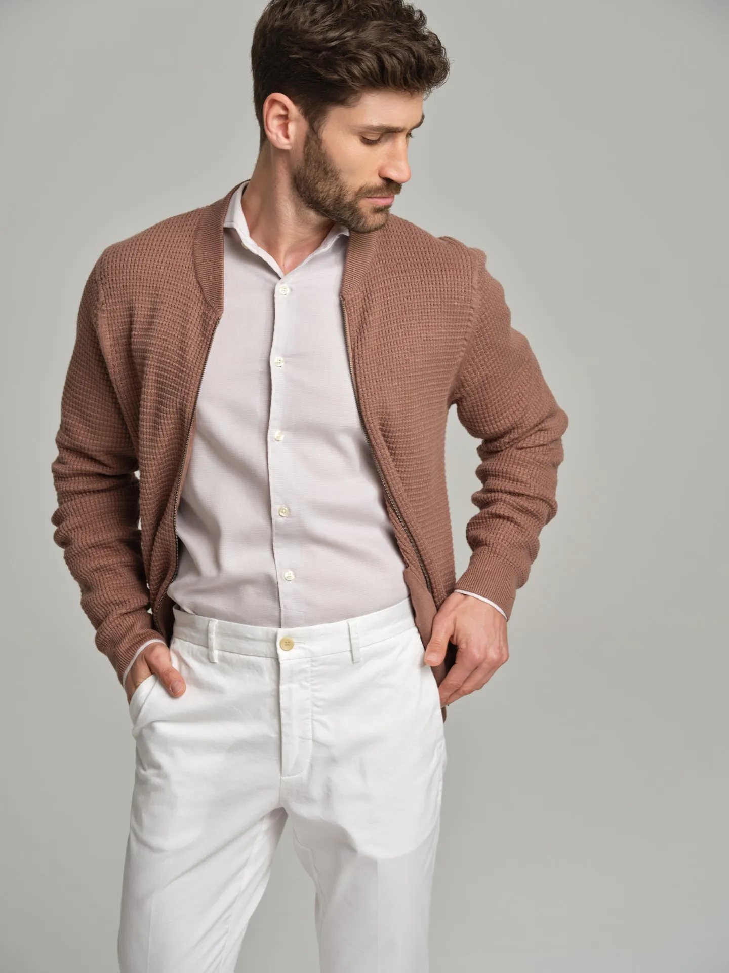 Knitted bomber with waffle knitting