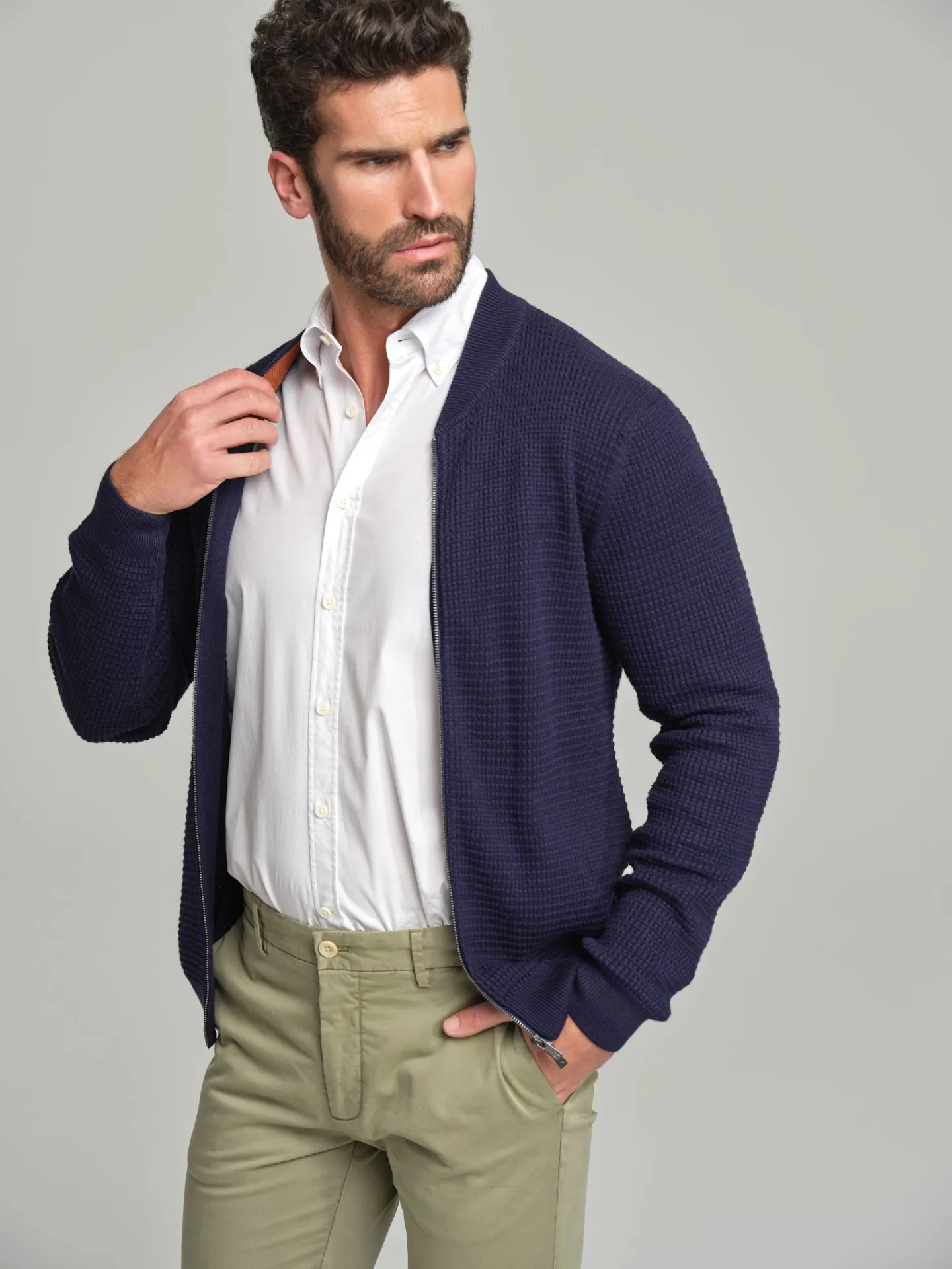 Knitted bomber with waffle knitting