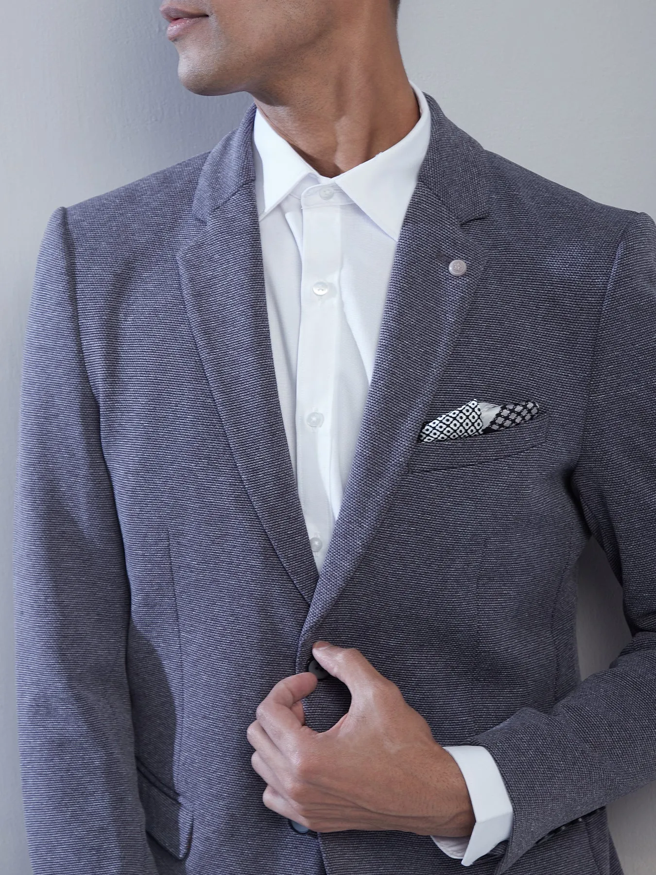 Knitted Dark Grey Dobby Slim Fit Full Sleeve Casual Blazer