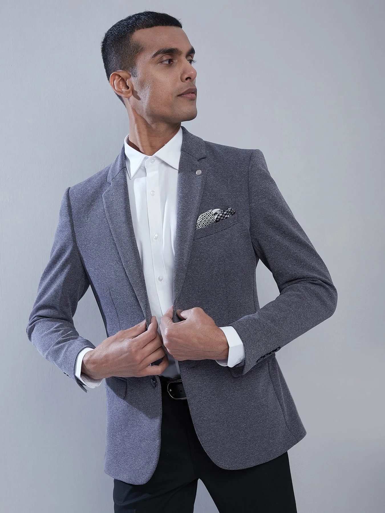 Knitted Dark Grey Dobby Slim Fit Full Sleeve Casual Blazer