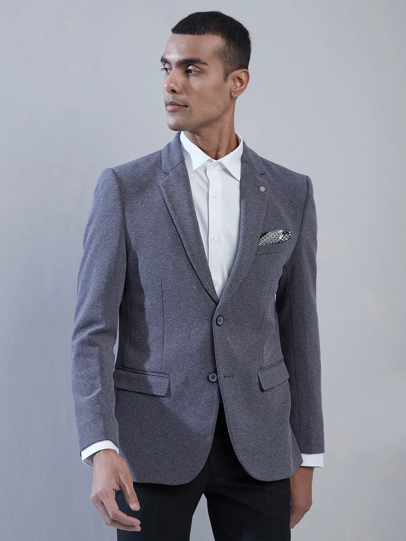 Knitted Dark Grey Dobby Slim Fit Full Sleeve Casual Blazer
