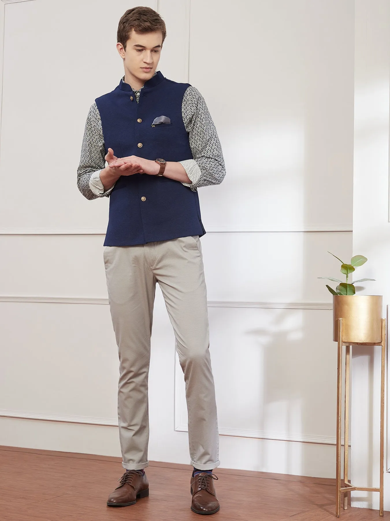Knitted Terry Rayon Blue Dobby Slim Fit Sleeve Less Ceremonial Nehru Jacket