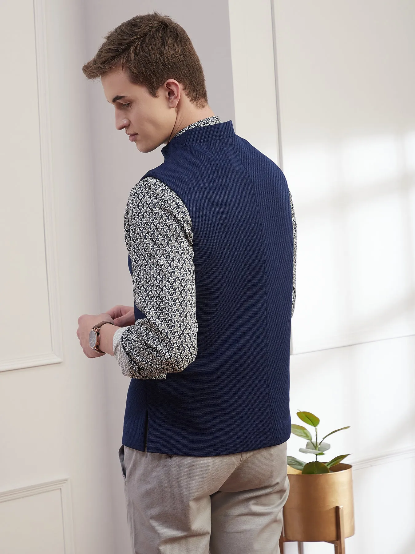 Knitted Terry Rayon Blue Dobby Slim Fit Sleeve Less Ceremonial Nehru Jacket