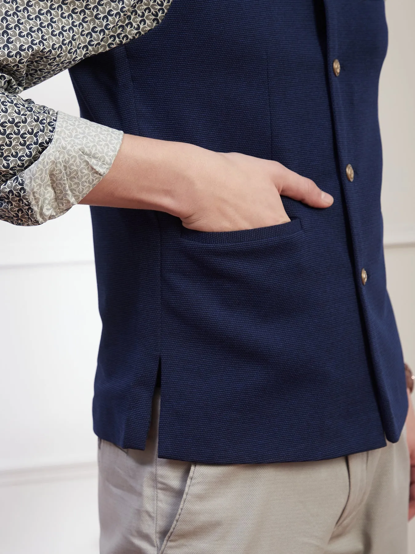 Knitted Terry Rayon Blue Dobby Slim Fit Sleeve Less Ceremonial Nehru Jacket