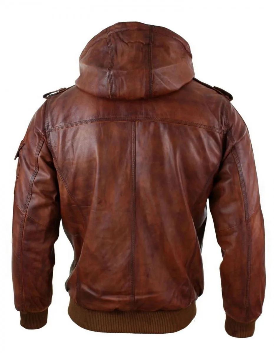 Levitix Brown Hooded Bomber Leather Jacket