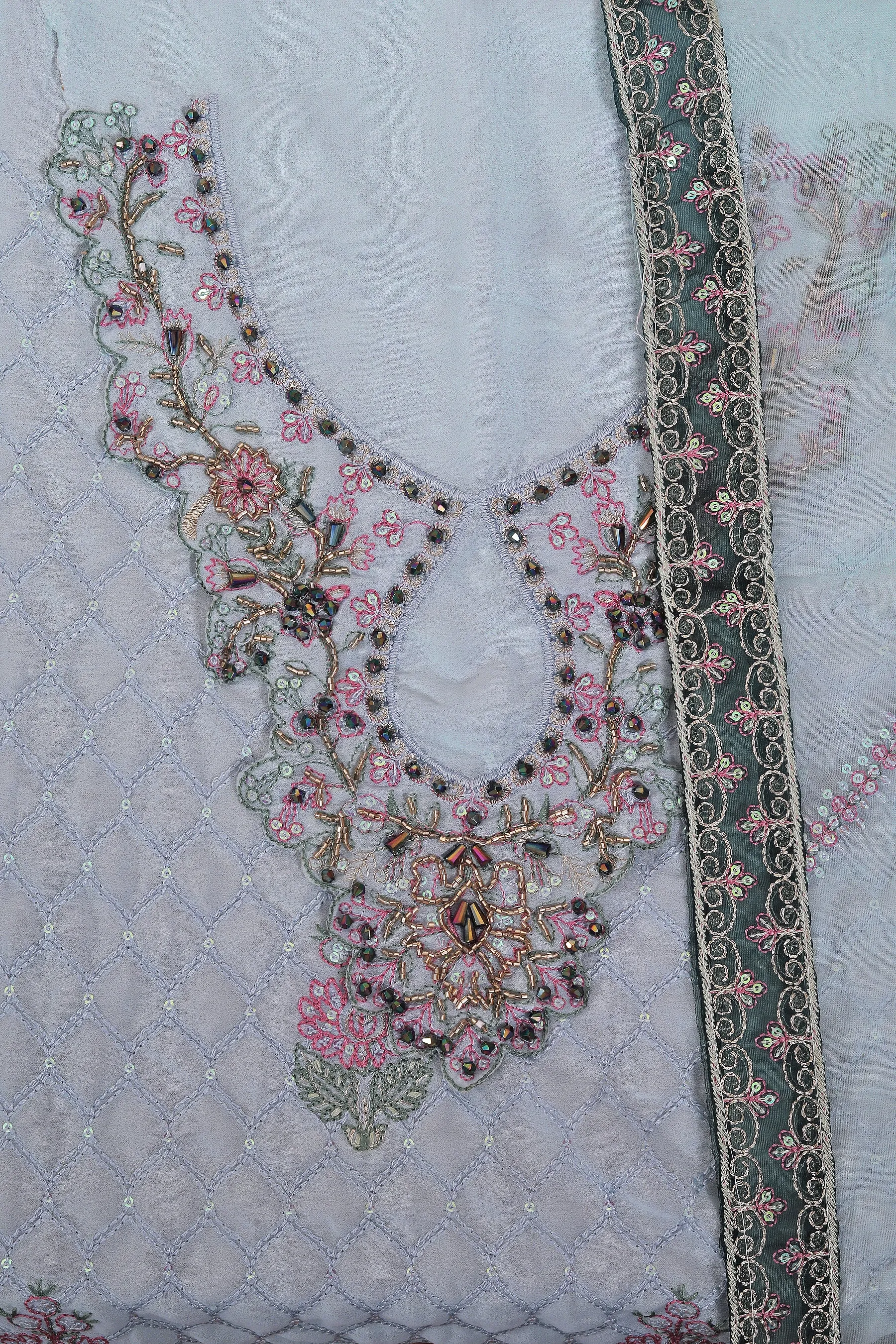 Light Blue Heavy Embroidered Poly Georgette Dress Material with Dupatta