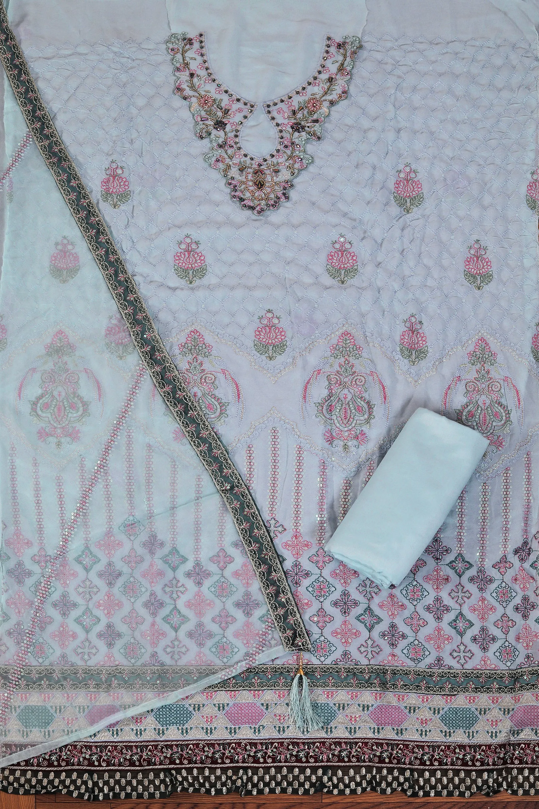 Light Blue Heavy Embroidered Poly Georgette Dress Material with Dupatta