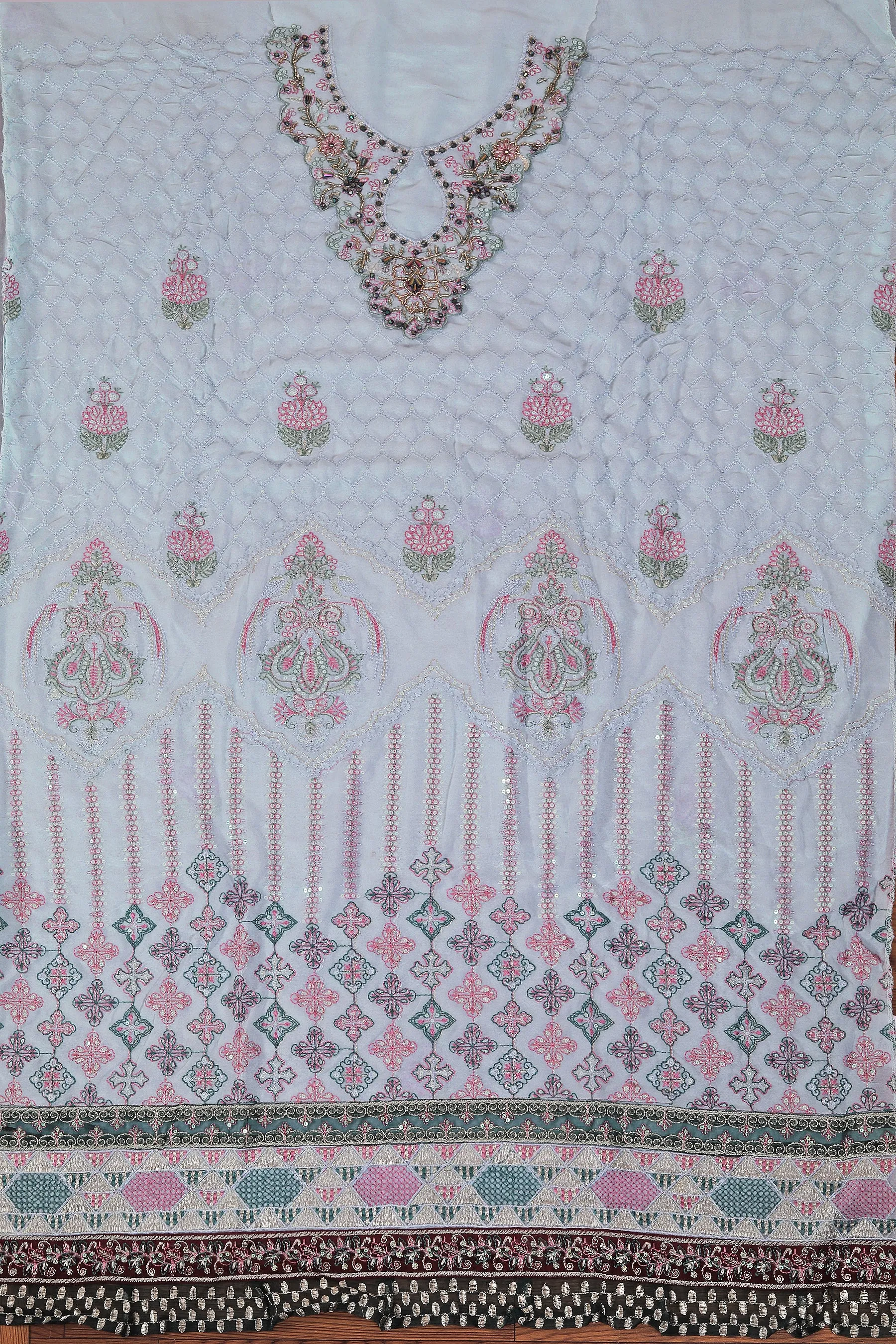Light Blue Heavy Embroidered Poly Georgette Dress Material with Dupatta