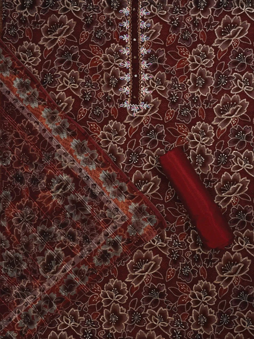 Maroon Unstitched Embellished Organza Dress Material With Dupatta