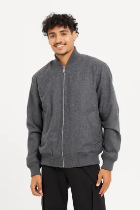 Men Charcoal Faux Fur Lined Melton Bomber Jacket