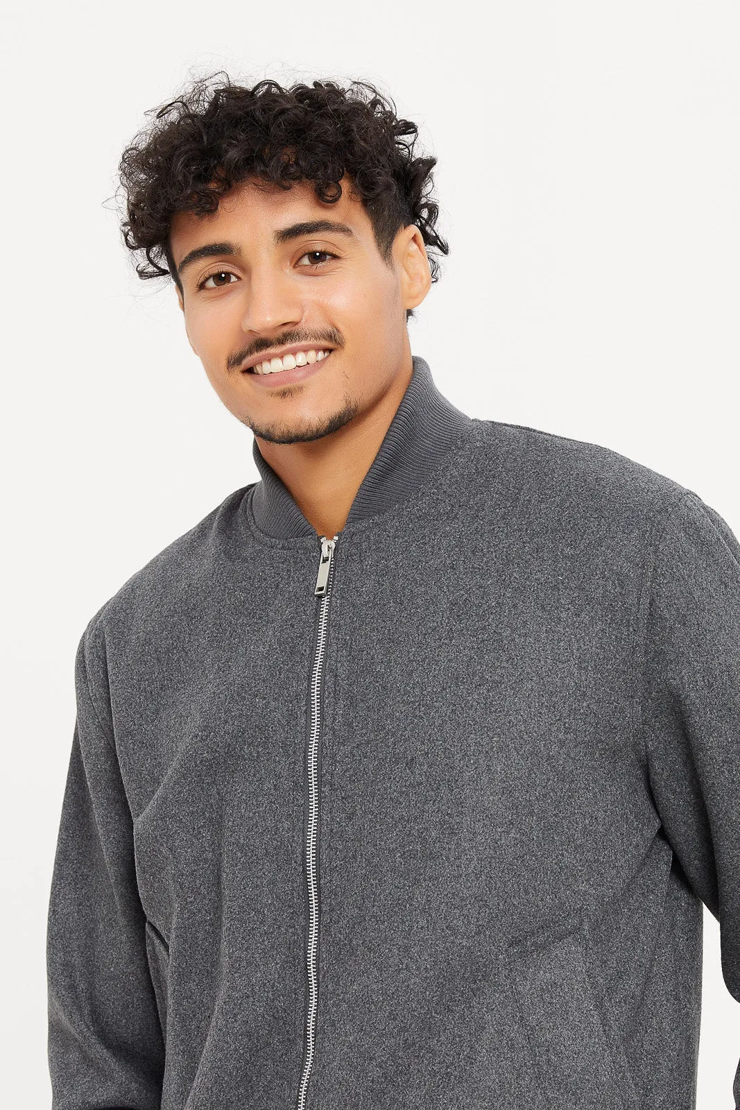 Men Charcoal Faux Fur Lined Melton Bomber Jacket