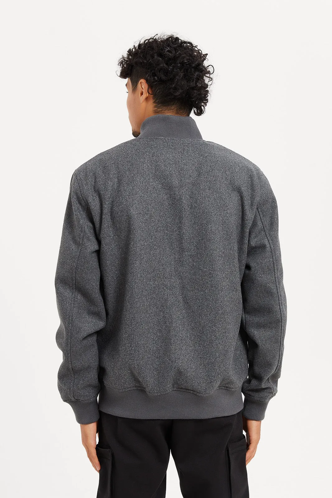 Men Charcoal Faux Fur Lined Melton Bomber Jacket