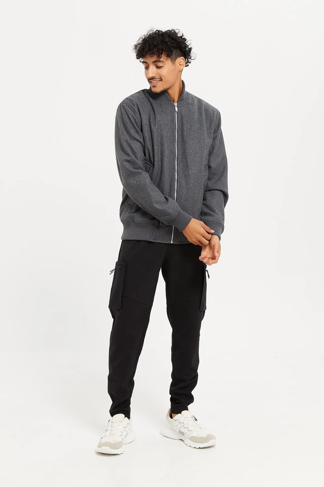 Men Charcoal Faux Fur Lined Melton Bomber Jacket