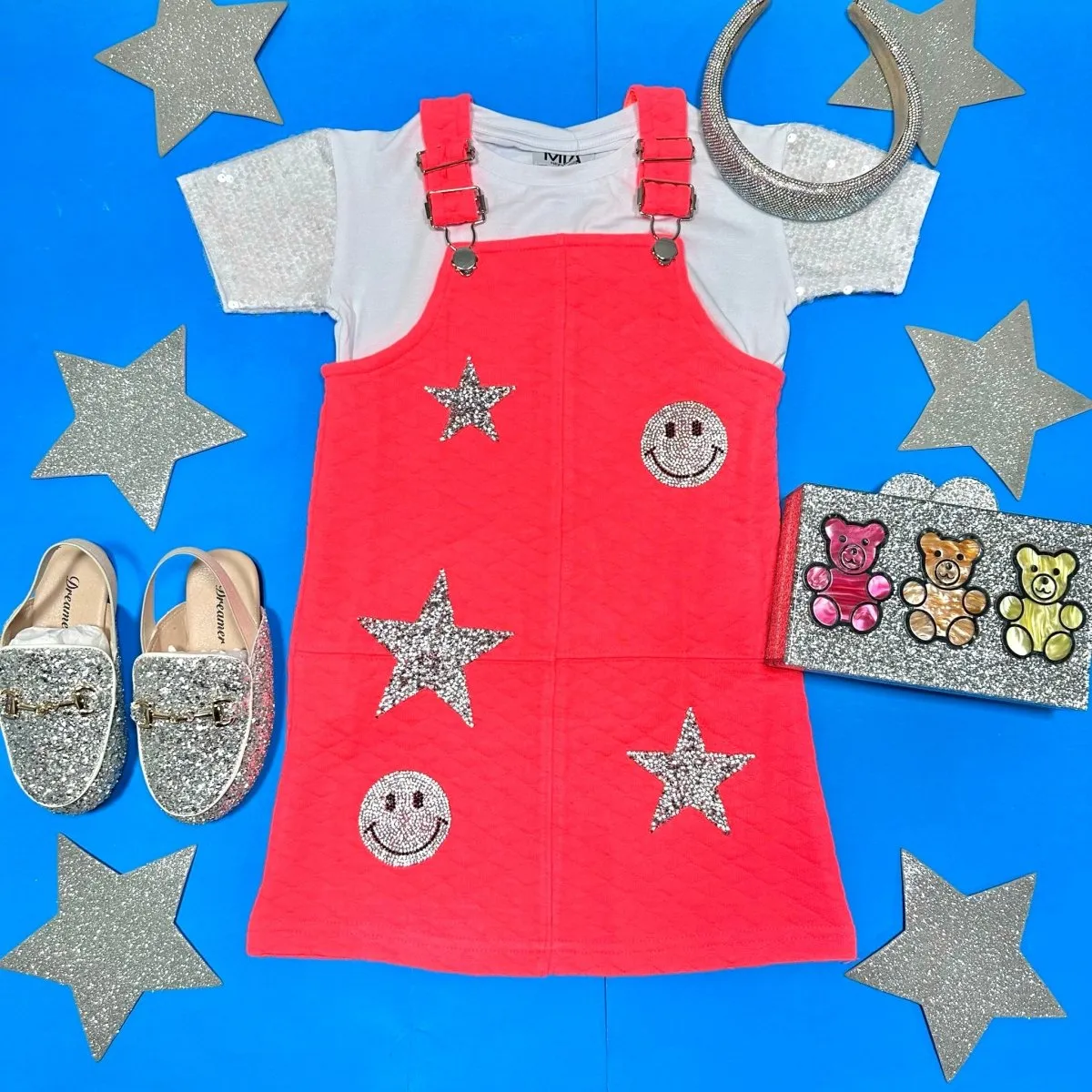 METALLIC PATCHES NEON OVERALL DRESS