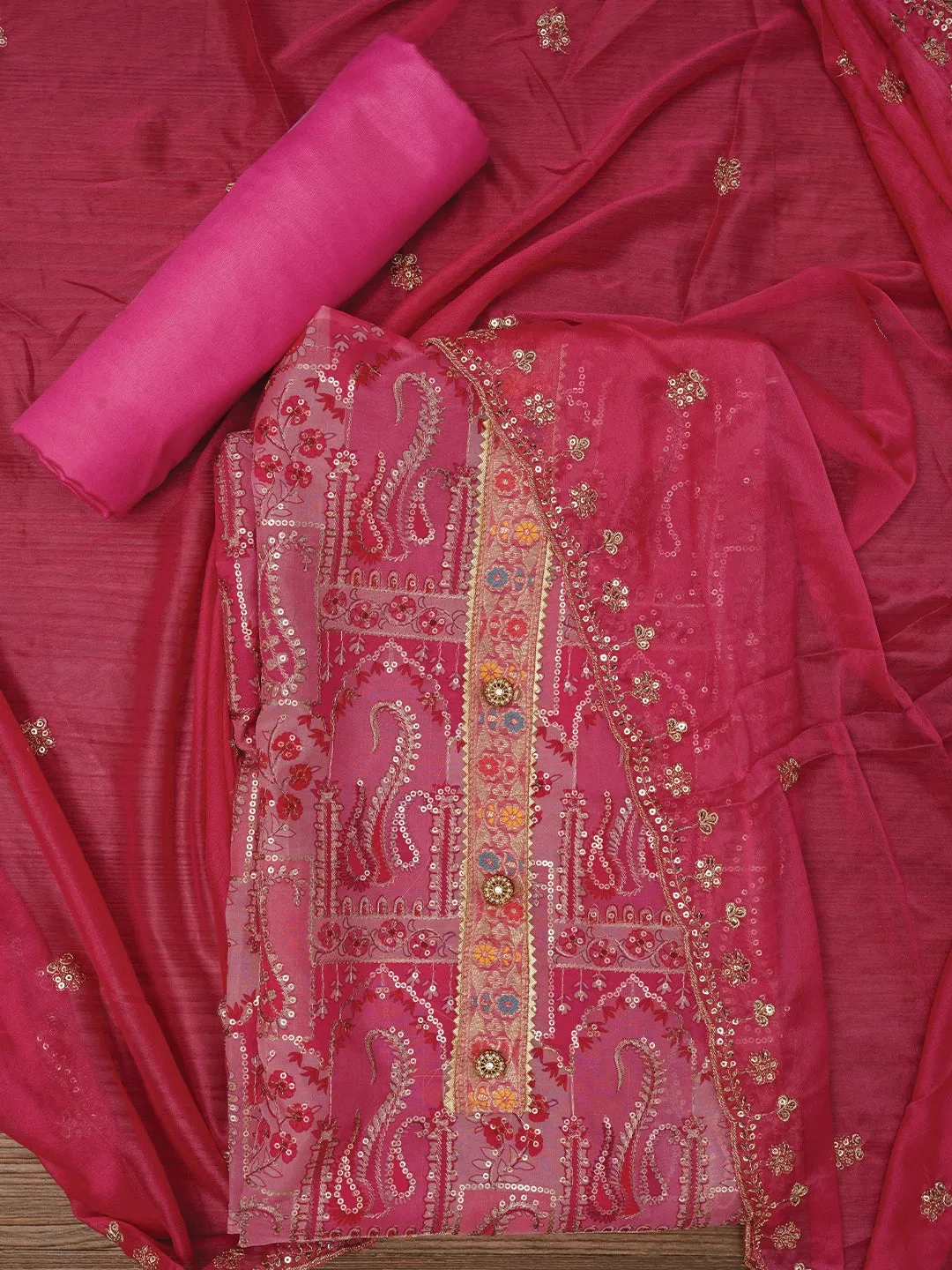 Multicolor Sequin Embellished Organza Dress Material with Dupatta
