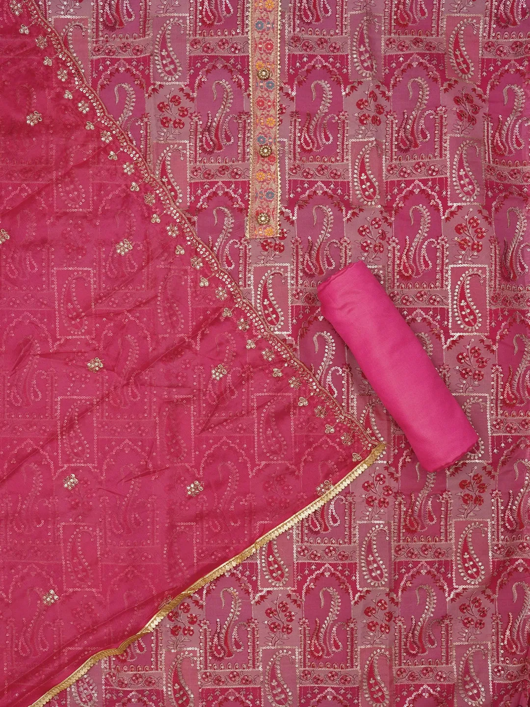 Multicolor Sequin Embellished Organza Dress Material with Dupatta