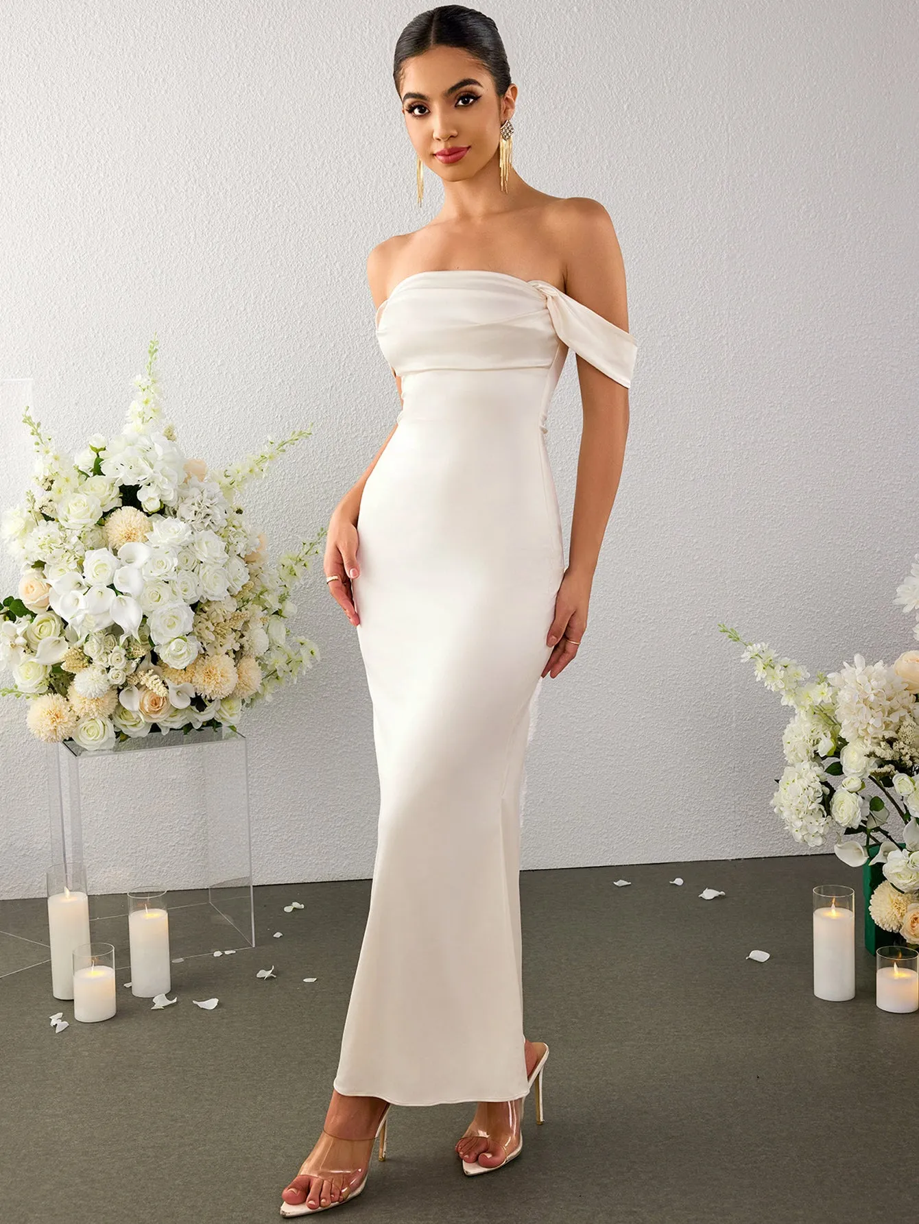 Off Shoulder Satin Backless Mermaid Dress