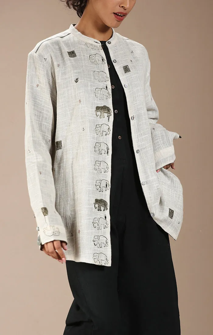 Overshirt (Shirt Jacket) Ivory with Handblock Prints