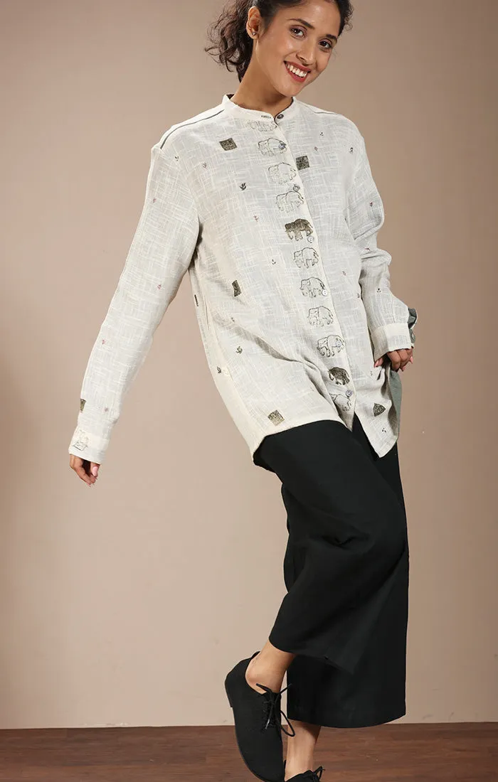 Overshirt (Shirt Jacket) Ivory with Handblock Prints