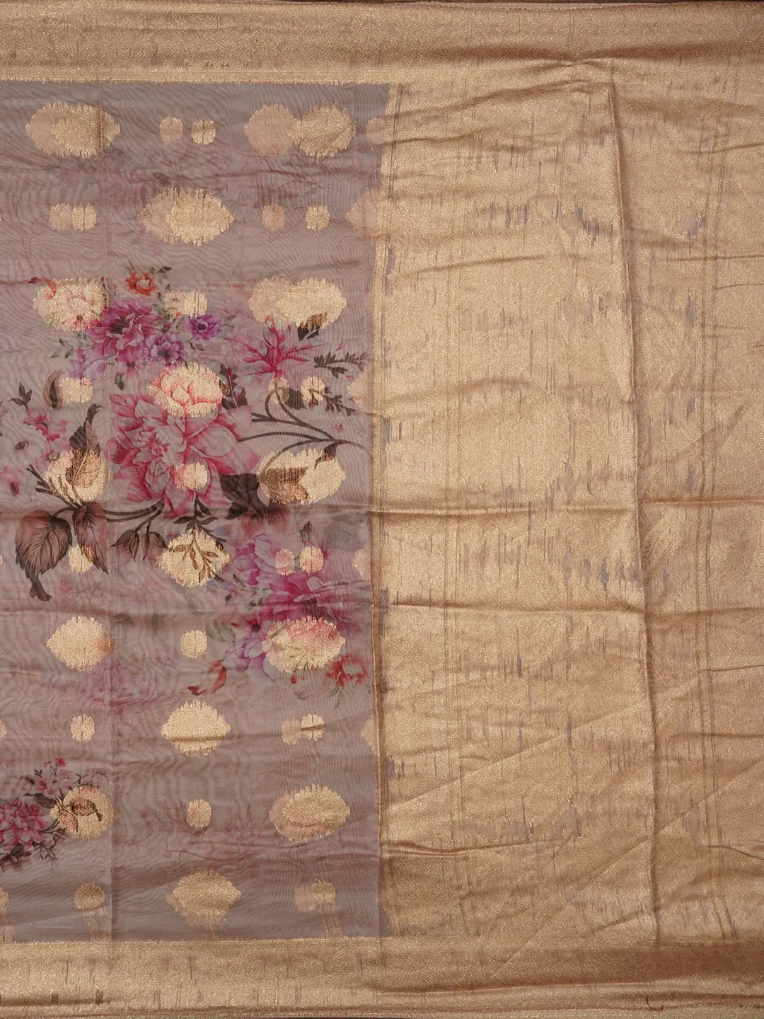 Peach Floral Printed Embellished Organza Dress Material with Dupatta