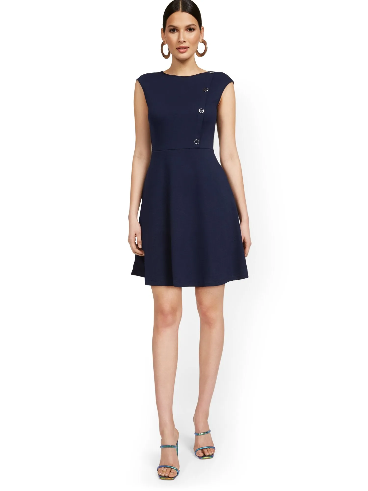 Petite Side-Button Flare Dress - City Knits