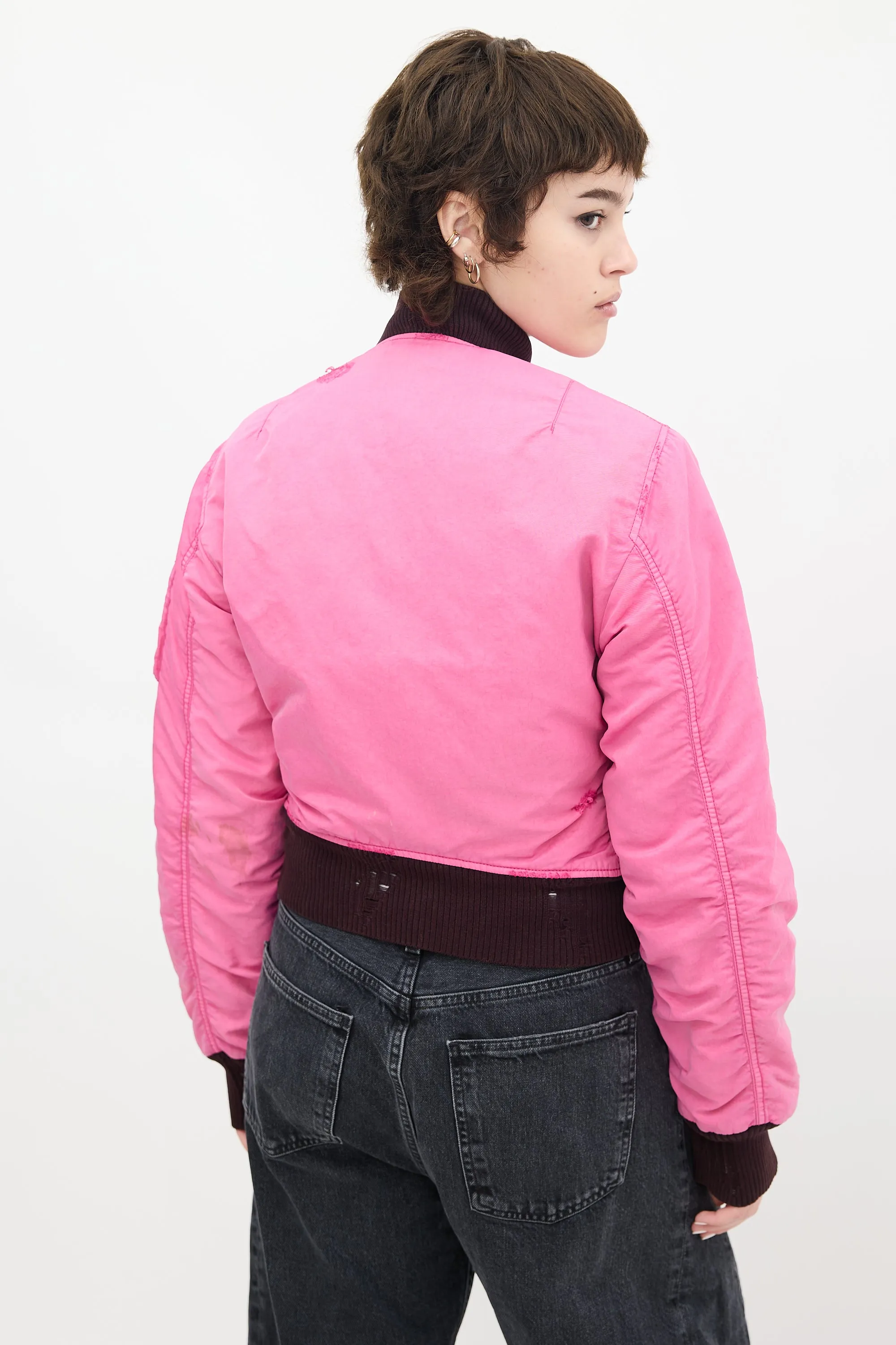 Pink Distressed Bomber Jacket