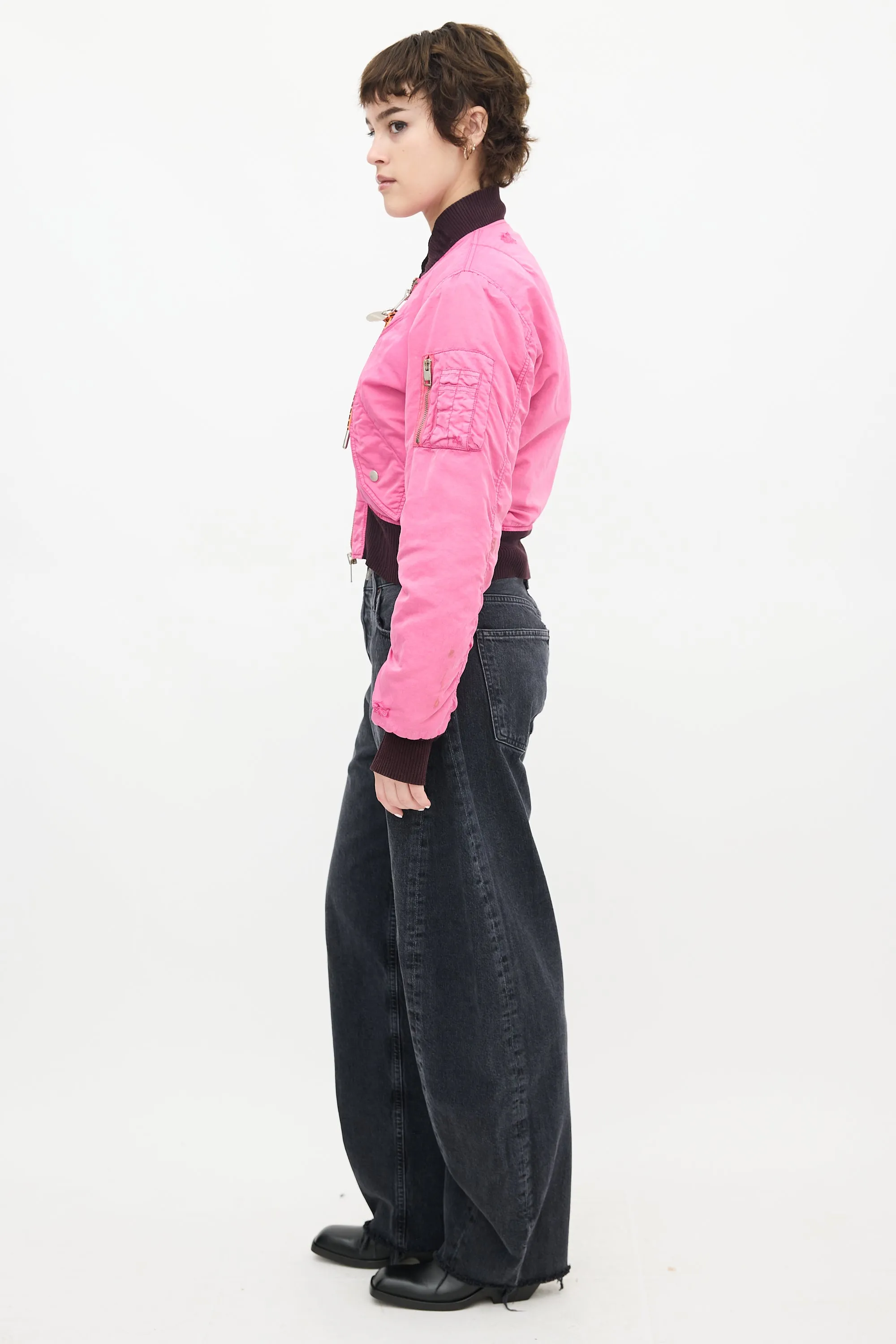 Pink Distressed Bomber Jacket