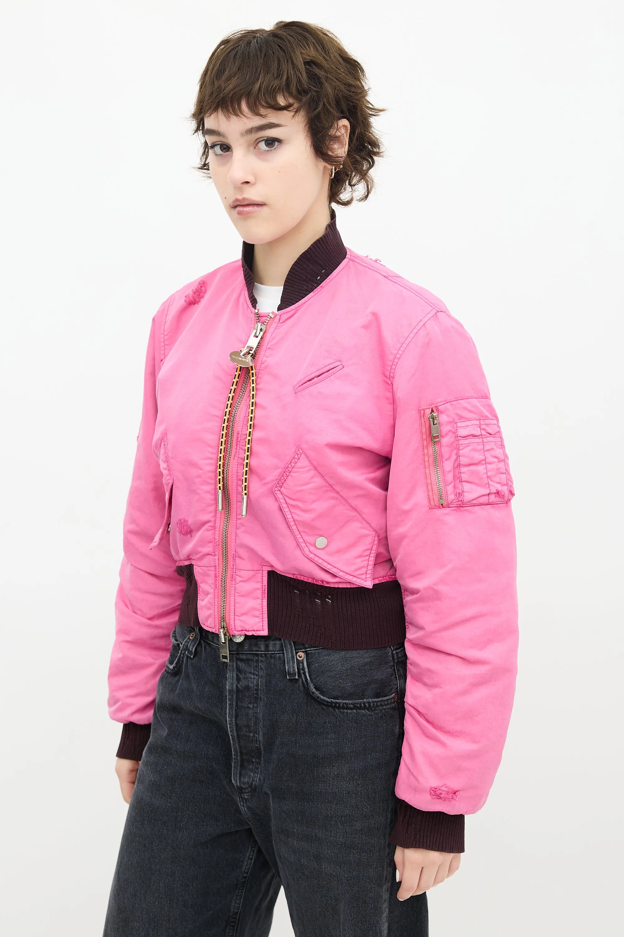 Pink Distressed Bomber Jacket