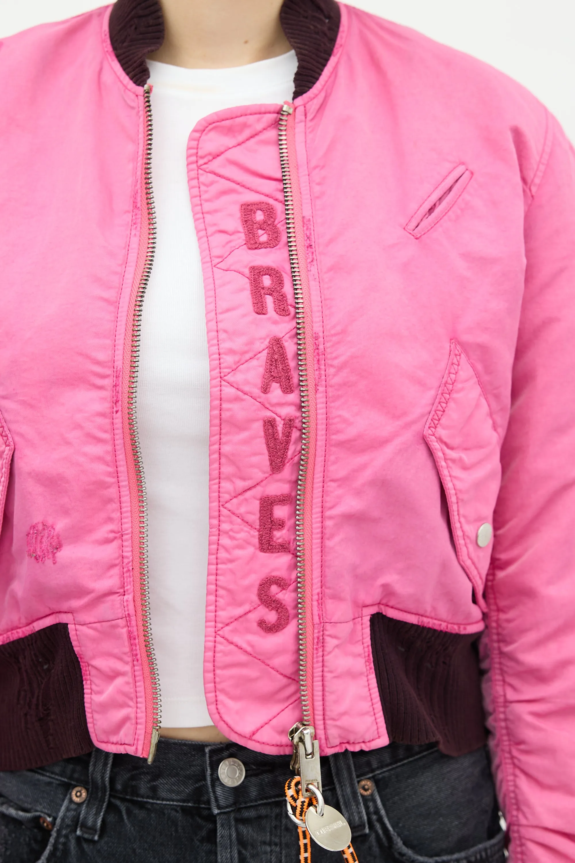 Pink Distressed Bomber Jacket