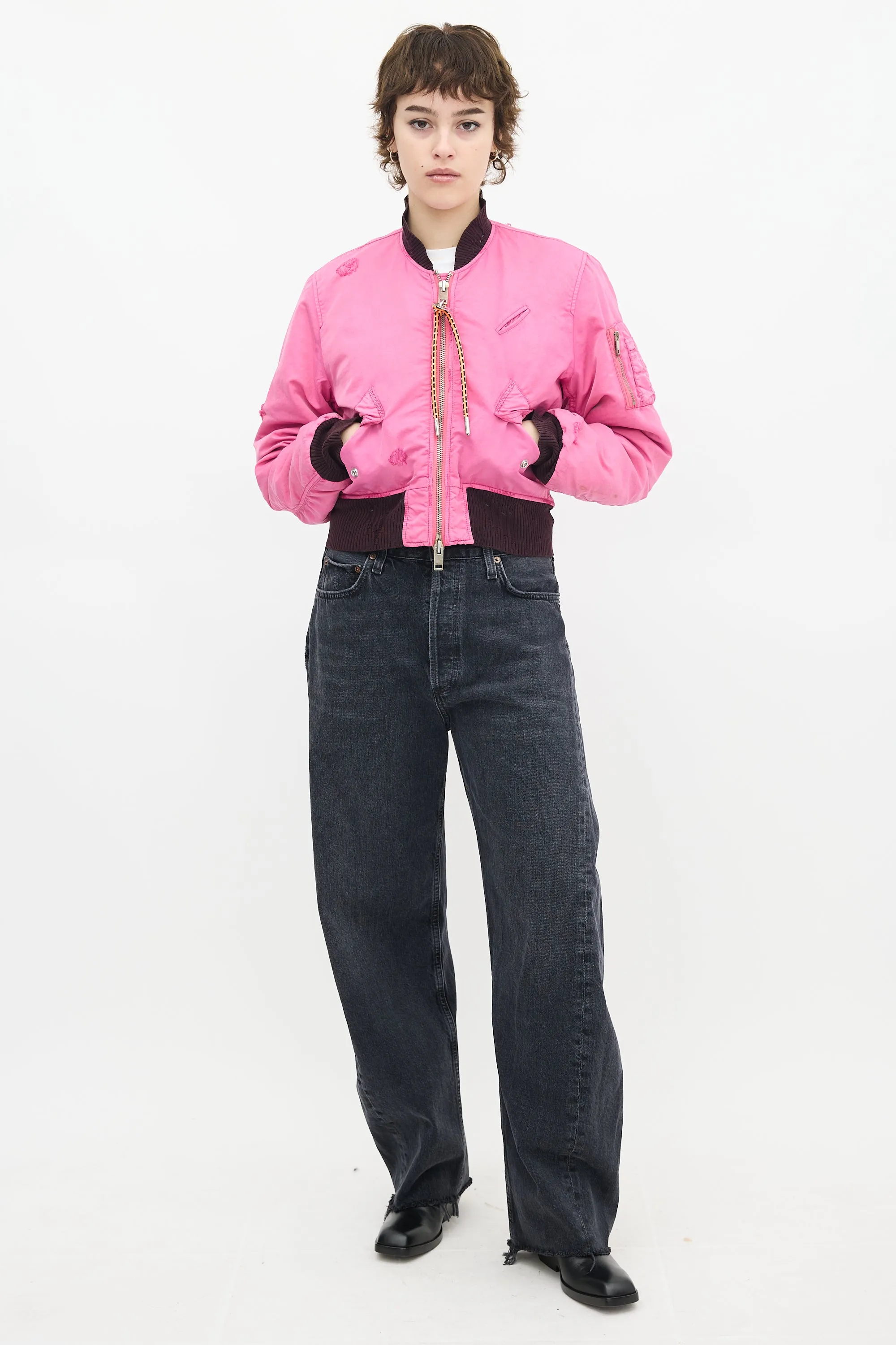 Pink Distressed Bomber Jacket