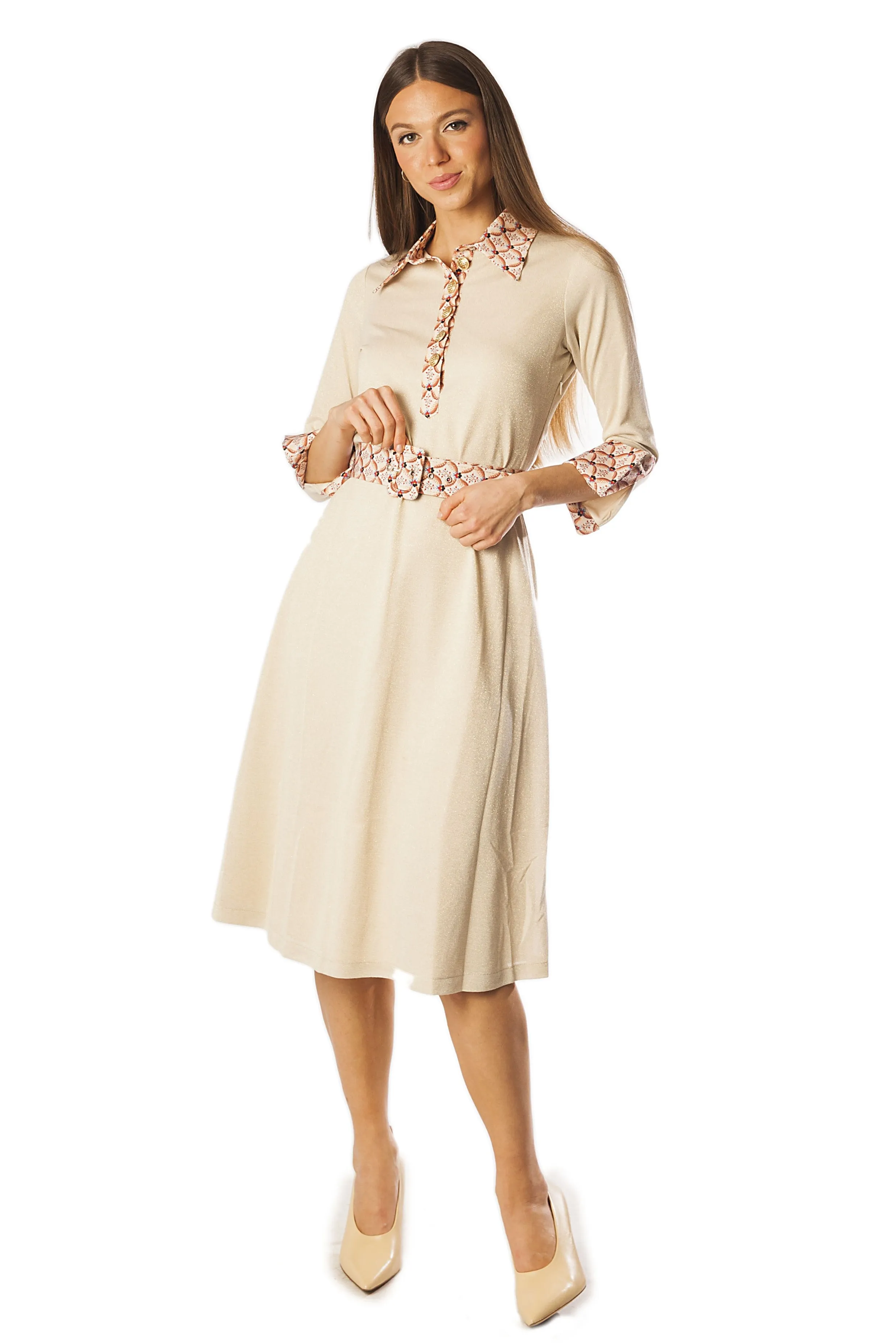 Printed Collar Placket Cuff Knit Dress