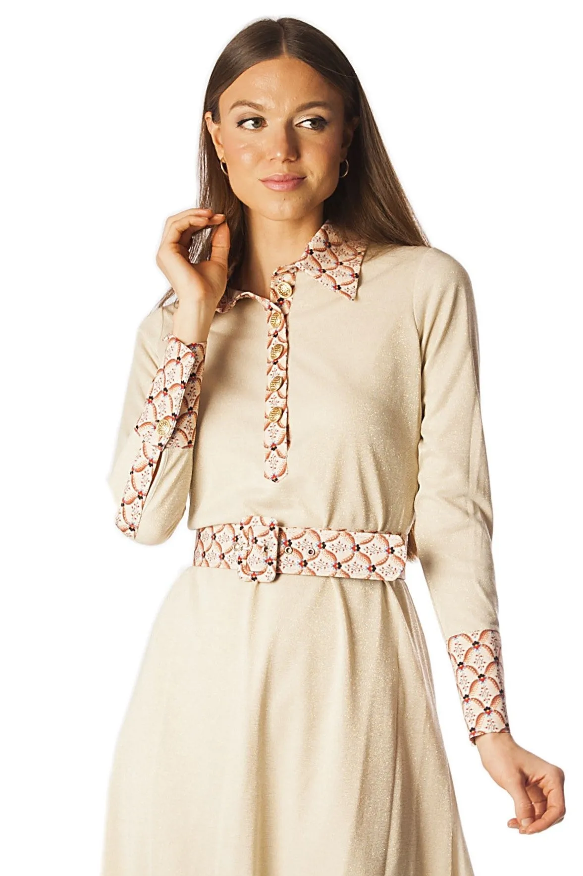 Printed Collar Placket Cuff Knit Dress