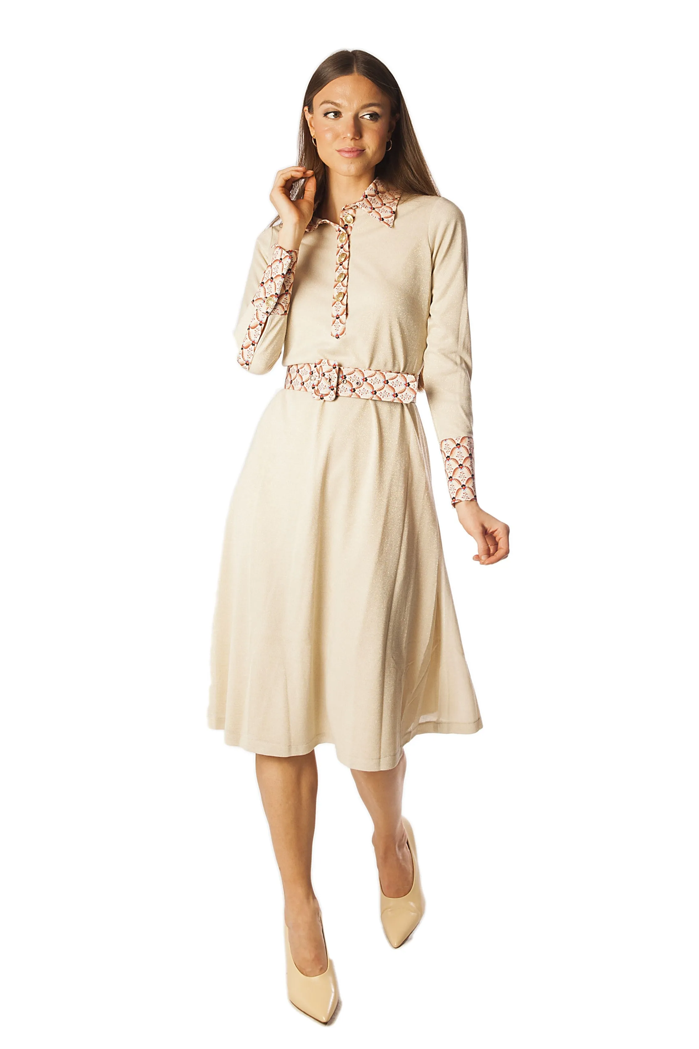 Printed Collar Placket Cuff Knit Dress