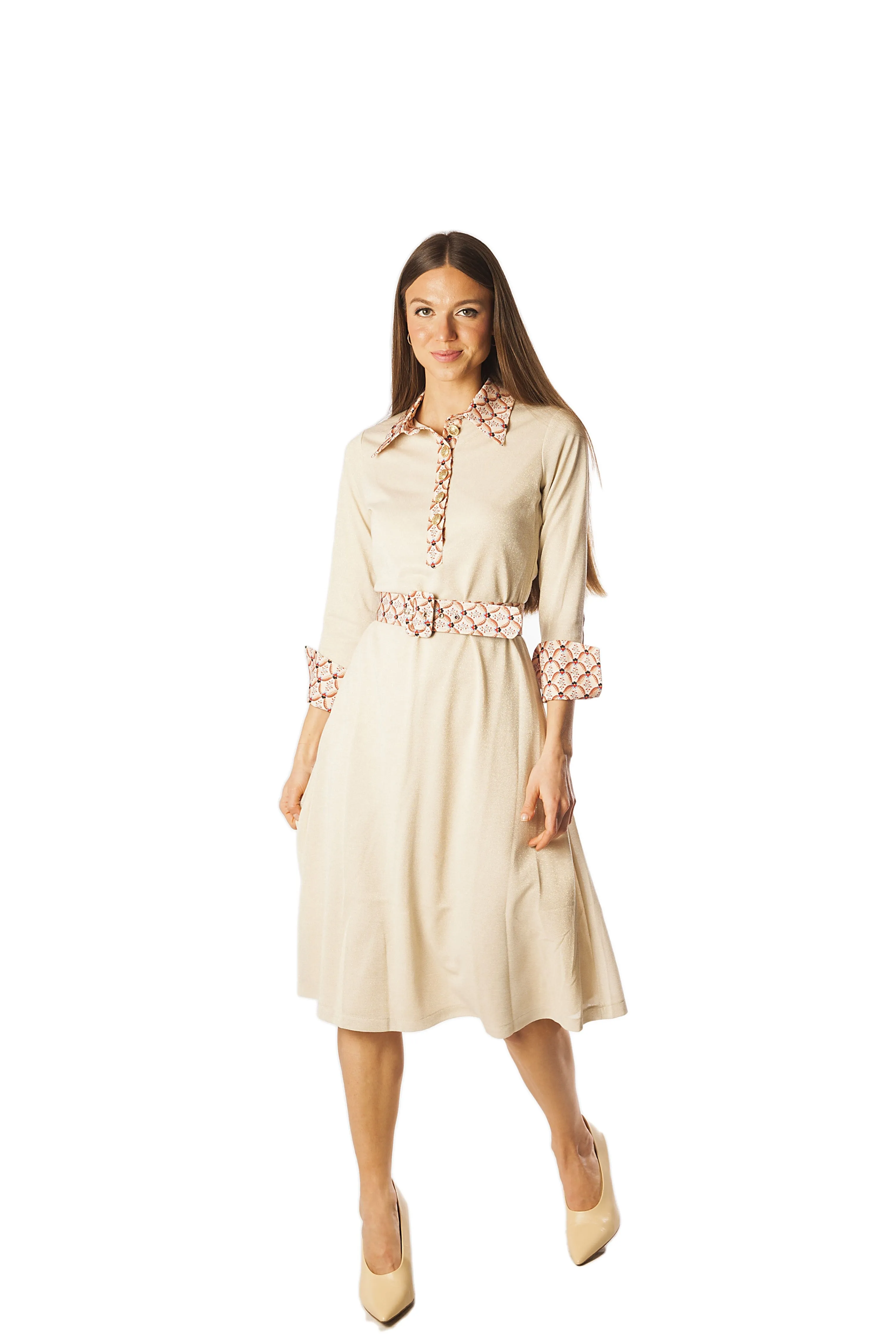 Printed Collar Placket Cuff Knit Dress