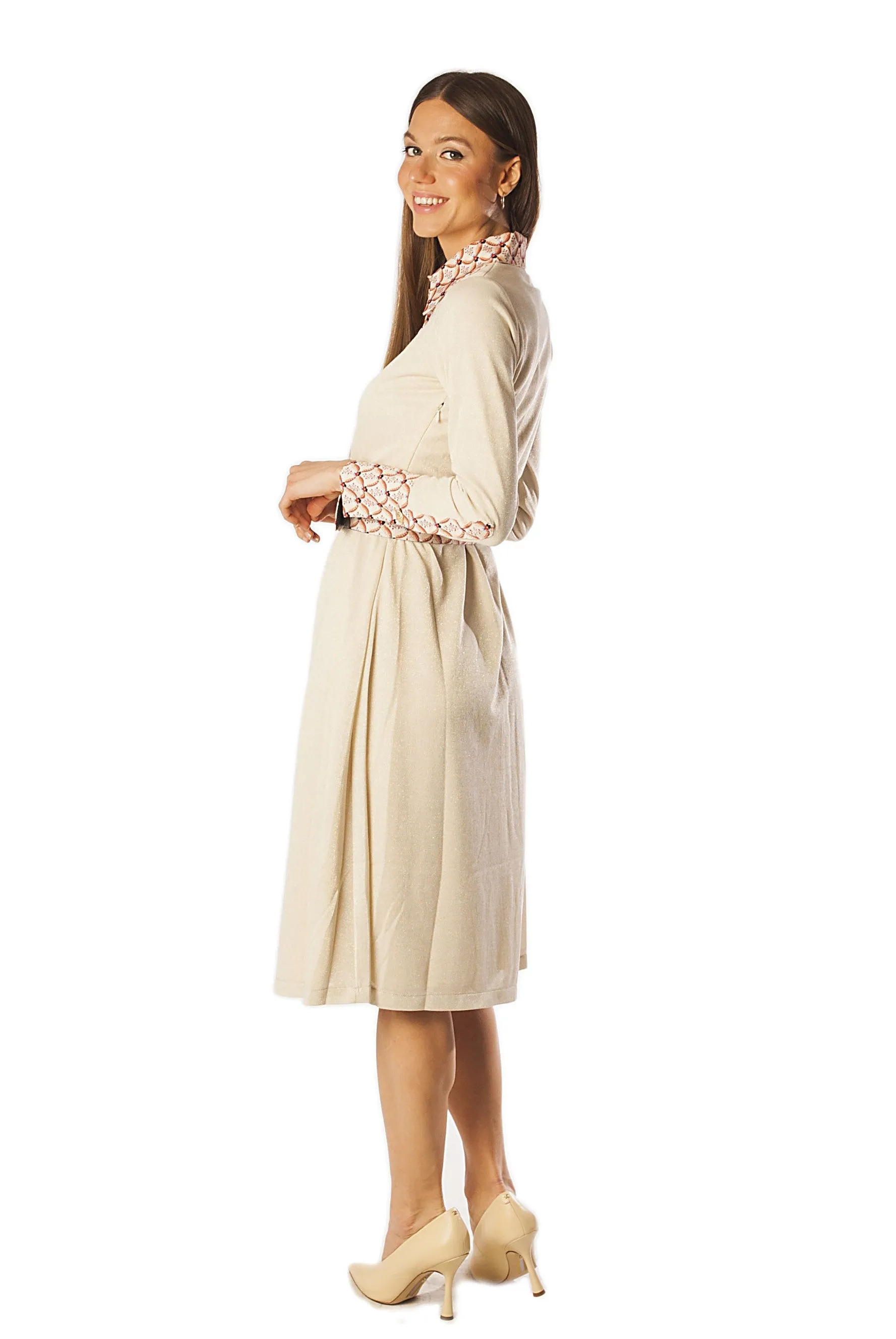 Printed Collar Placket Cuff Knit Dress