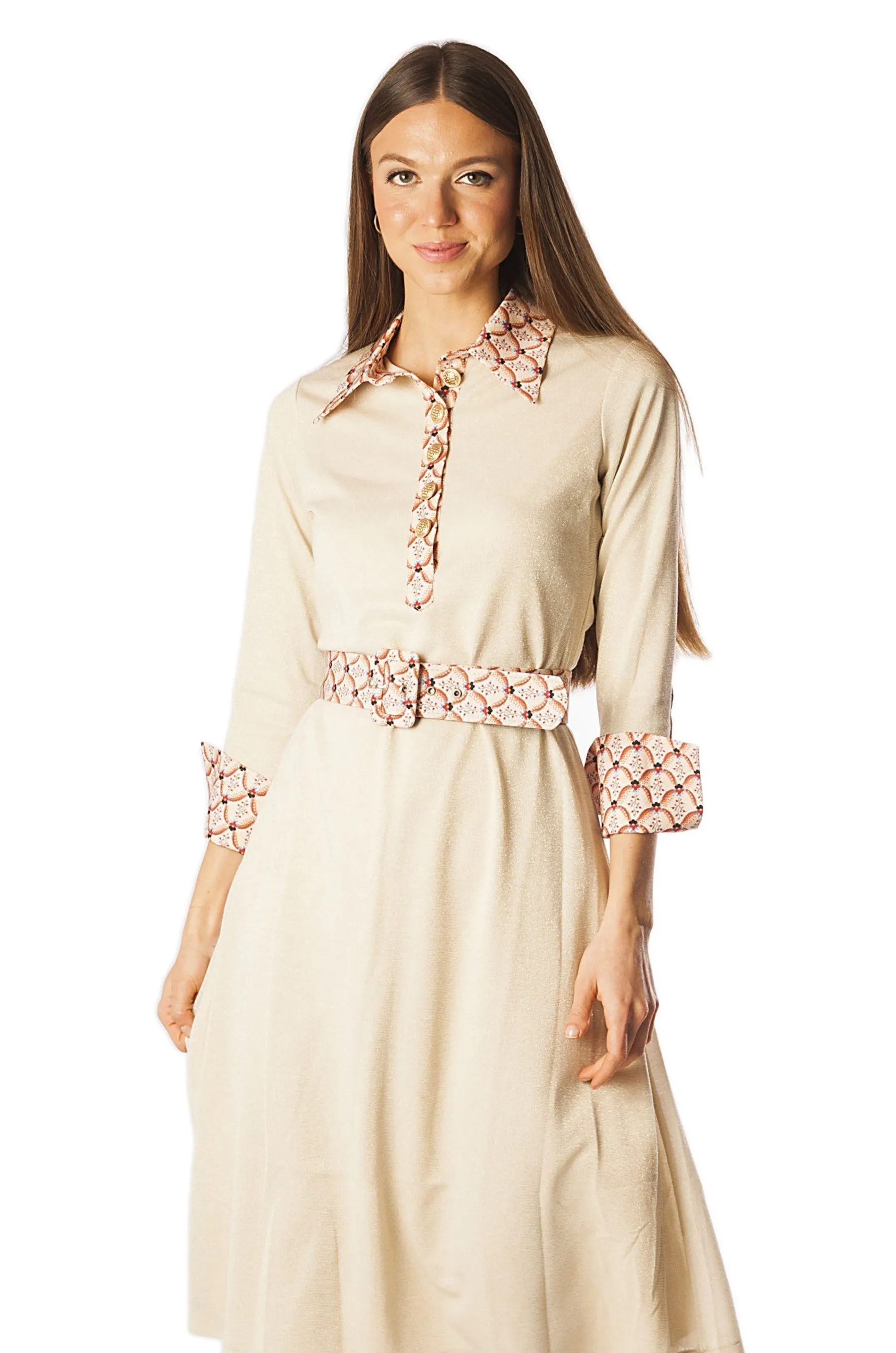 Printed Collar Placket Cuff Knit Dress