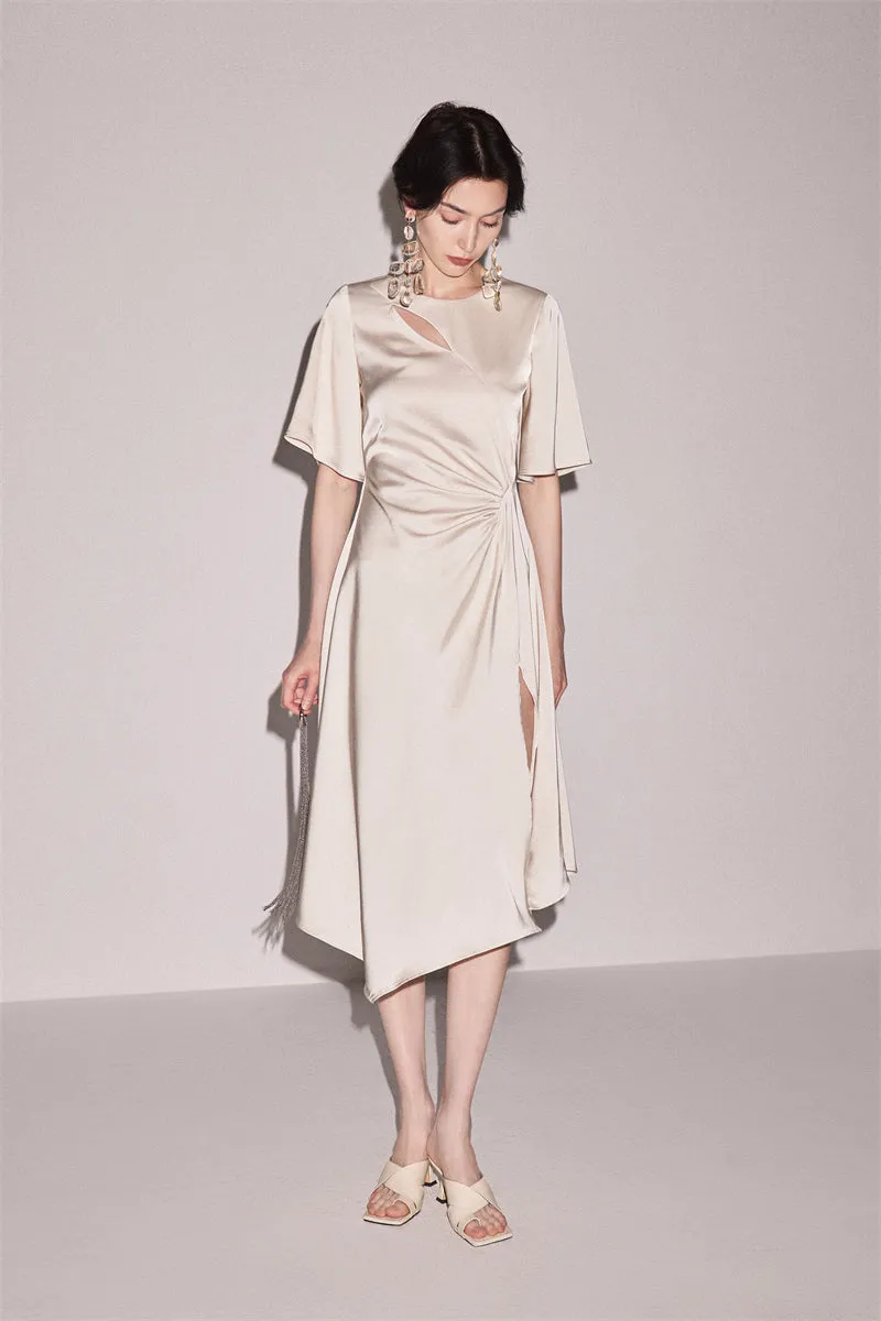 PURITY high end crewneck cutout satin dress