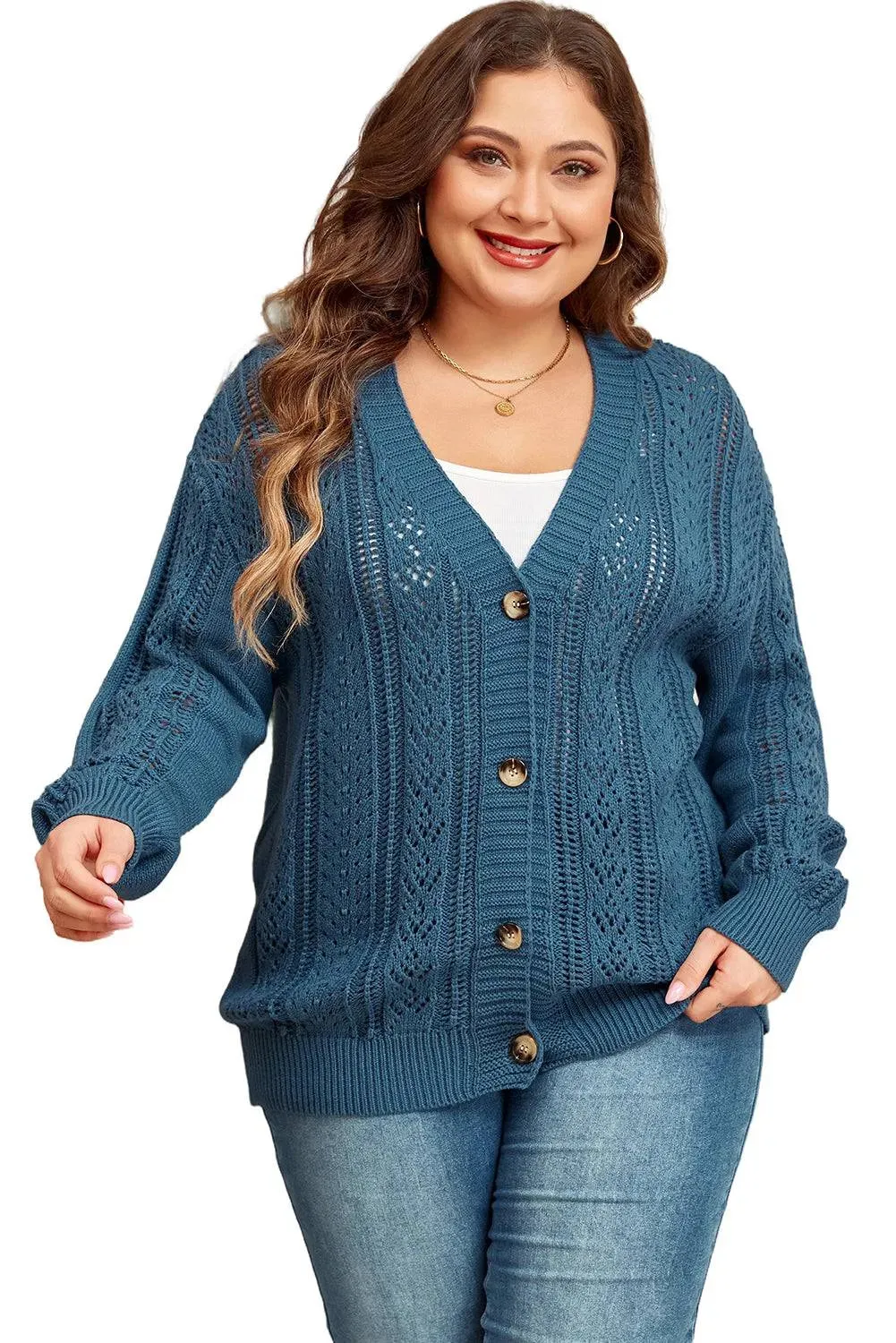 Real Teal V Neck Plus Size Cardigan