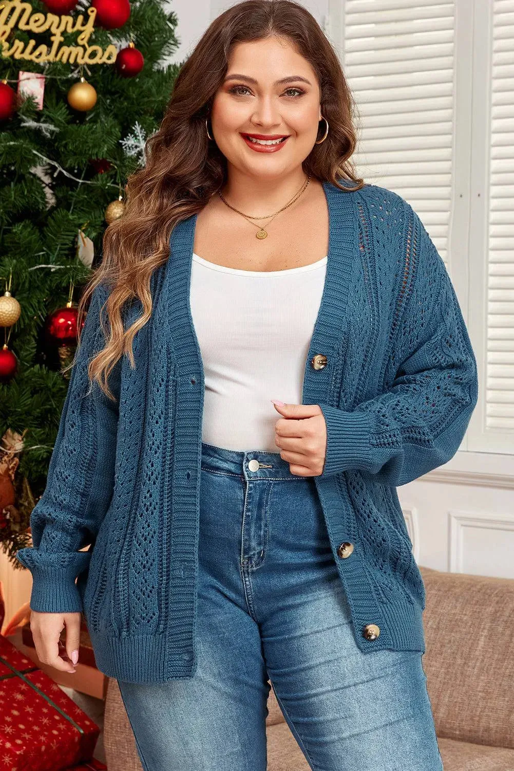 Real Teal V Neck Plus Size Cardigan