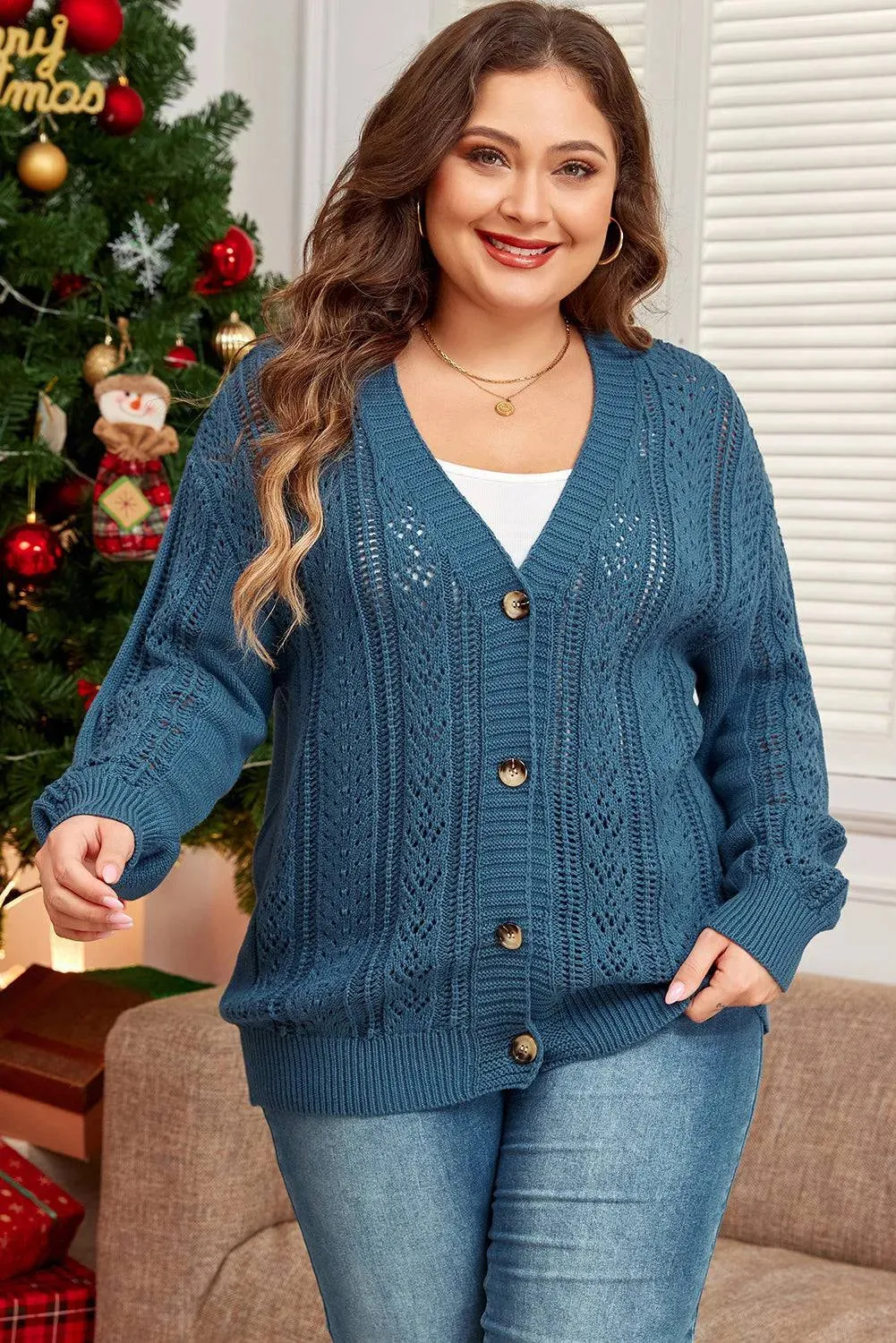 Real Teal V Neck Plus Size Cardigan