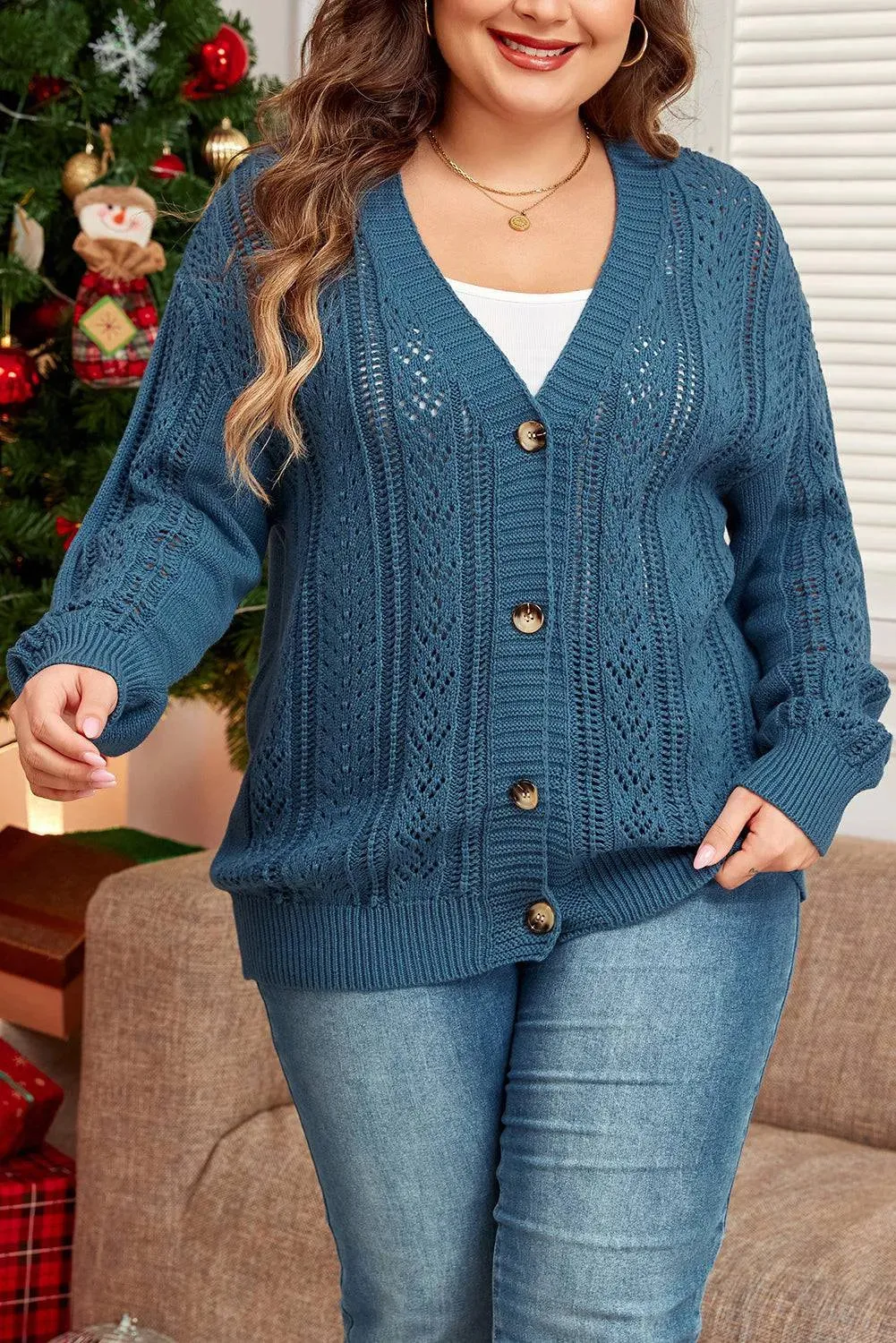 Real Teal V Neck Plus Size Cardigan