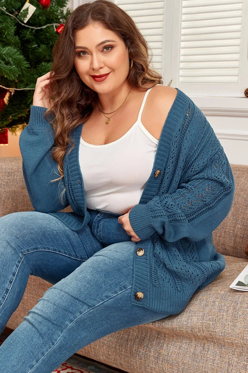 Real Teal V Neck Plus Size Cardigan