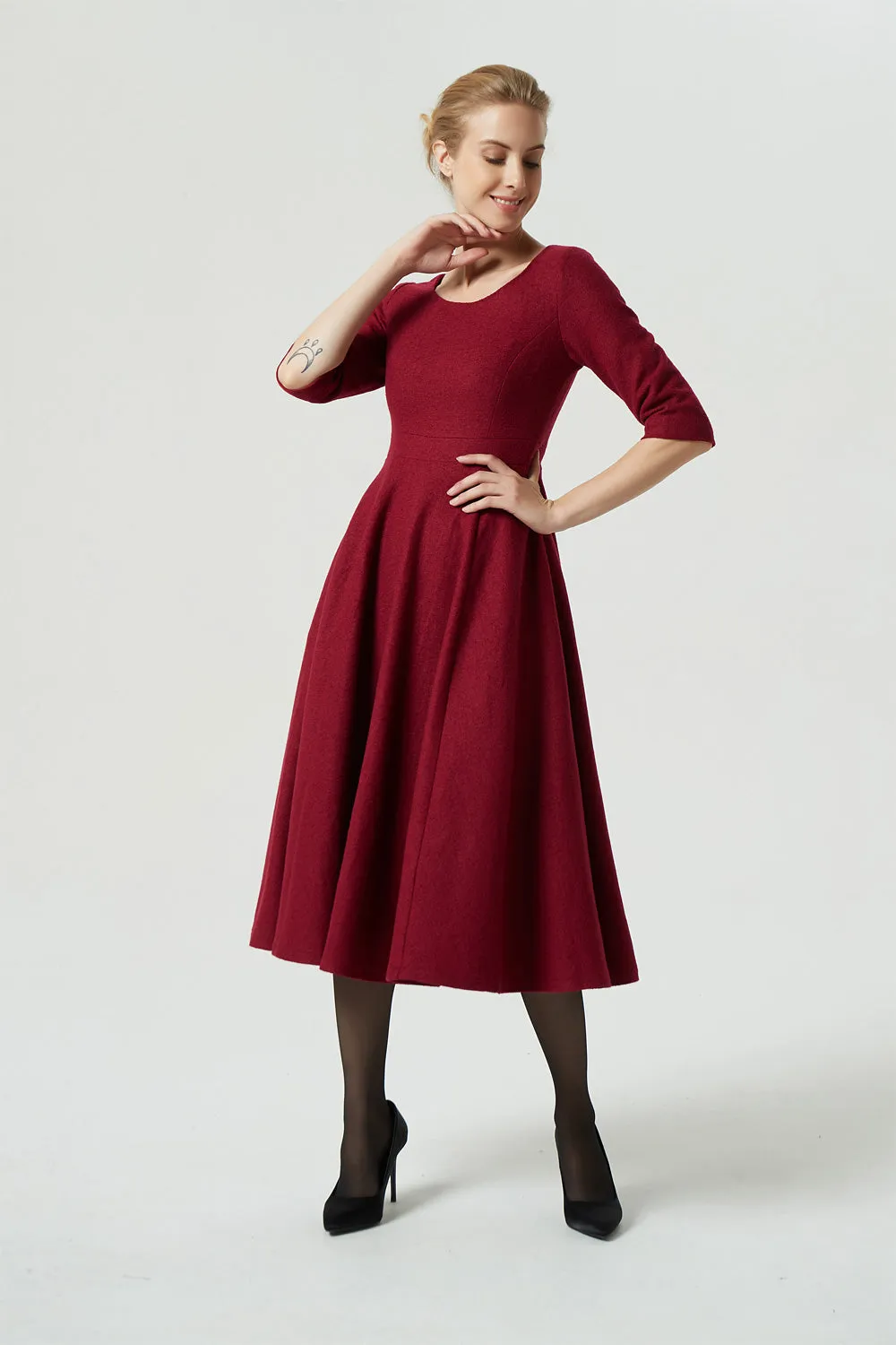 Red wool dress, wool dress, winter dress, midi dress, fit and flare dress 1995