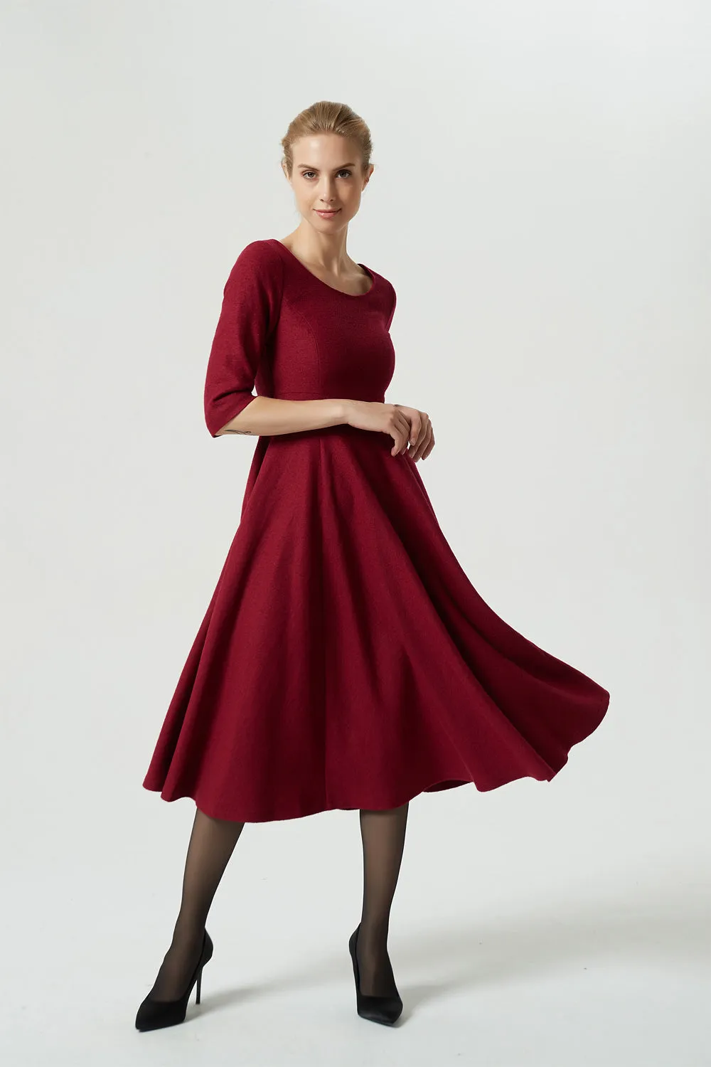 Red wool dress, wool dress, winter dress, midi dress, fit and flare dress 1995