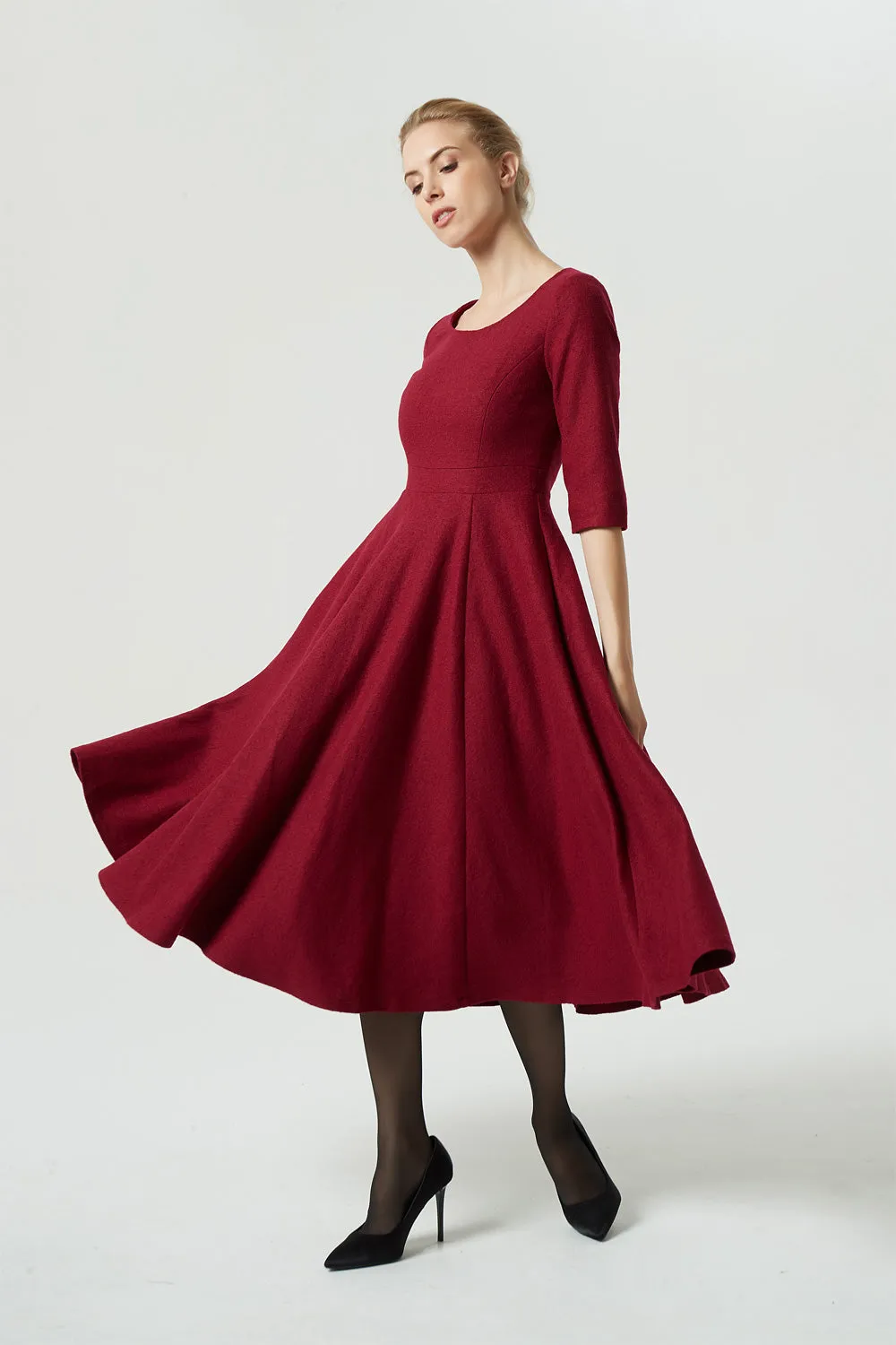 Red wool dress, wool dress, winter dress, midi dress, fit and flare dress 1995
