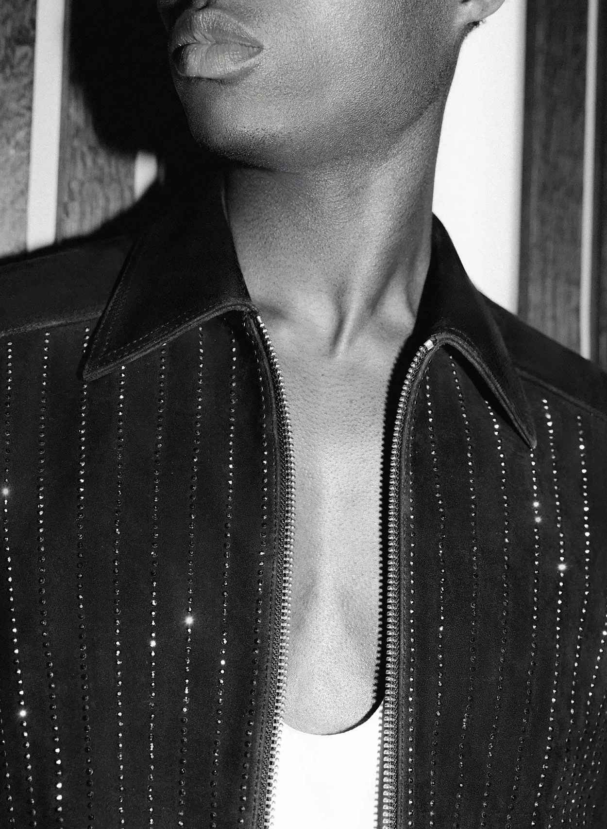Rhinestone Embellished Leather Suede Zip Jacket