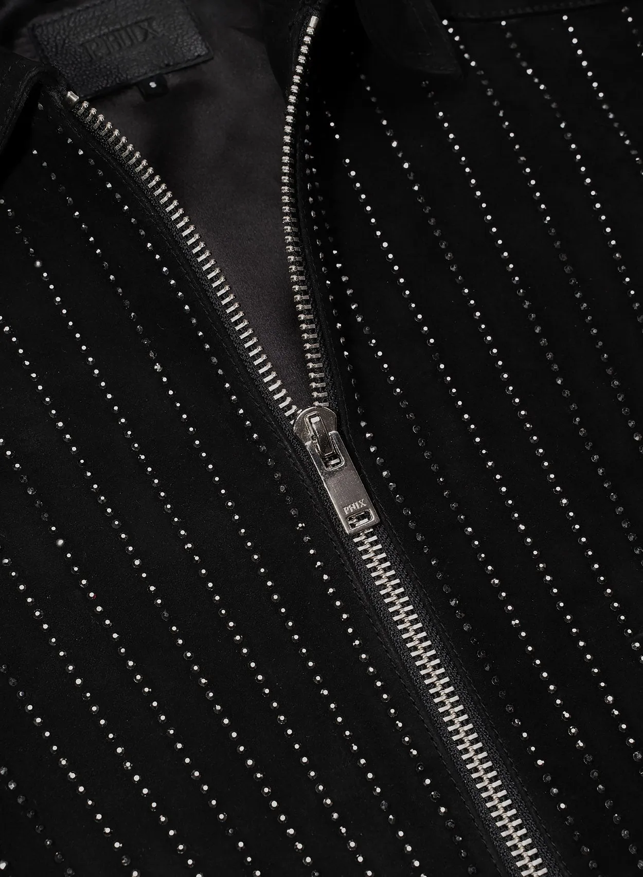 Rhinestone Embellished Leather Suede Zip Jacket